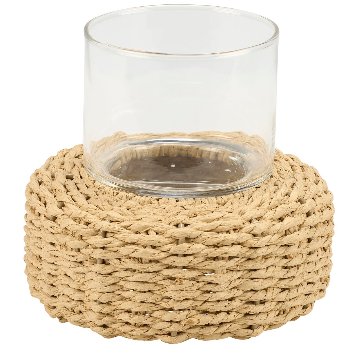 Coastal Woven Rattan Candle Holder with Glass Votive Insert for Beach Decor