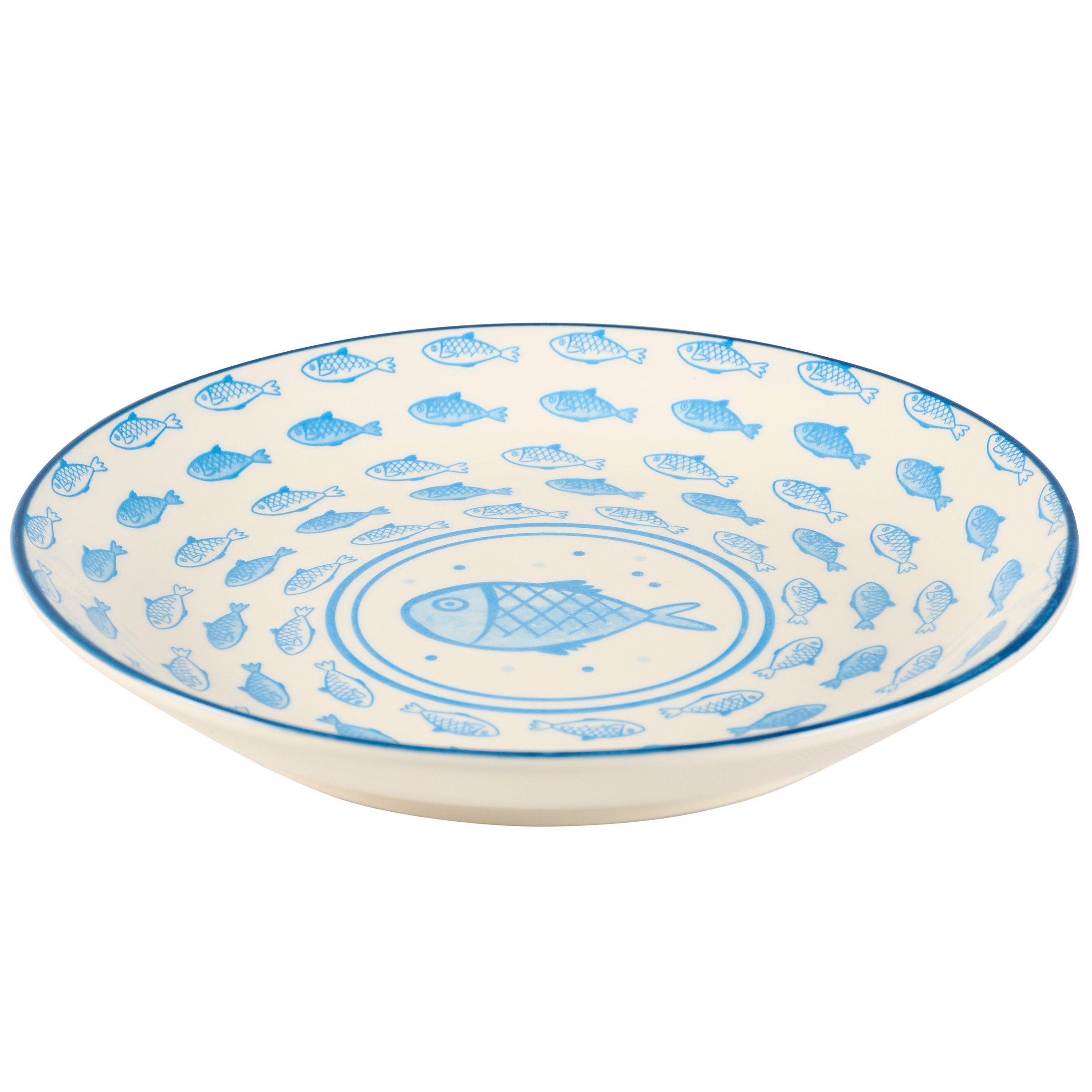 Charming Hand-Illustrated Blue Fish Stoneware Dinner Plate - Coastal Beach Decor