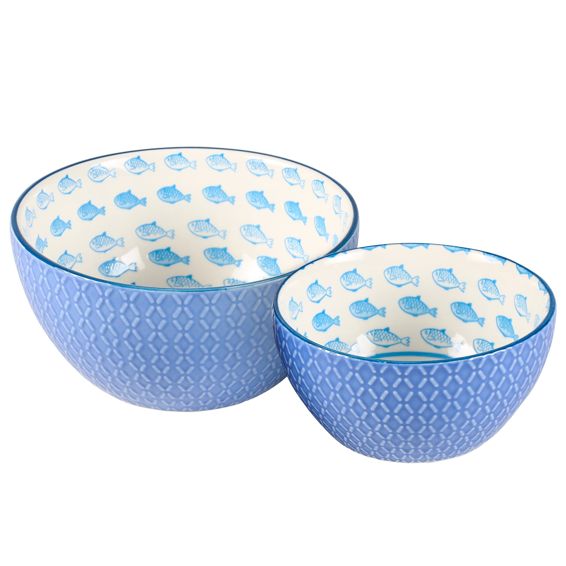 Durable Blue Fish Stoneware Nesting Bowl Set - Microwave Dishwasher Oven Safe