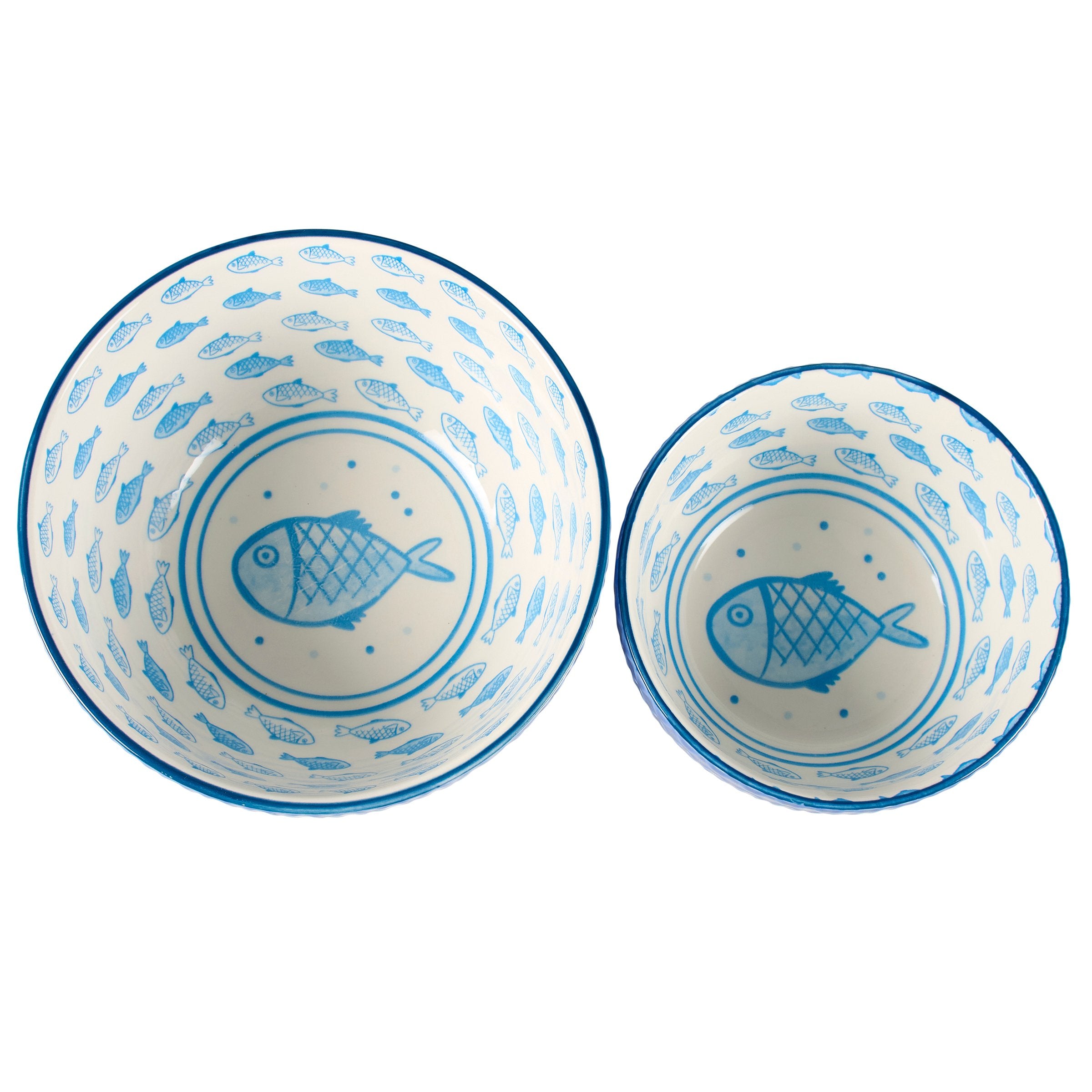 Durable Blue Fish Stoneware Nesting Bowl Set - Microwave Dishwasher Oven Safe