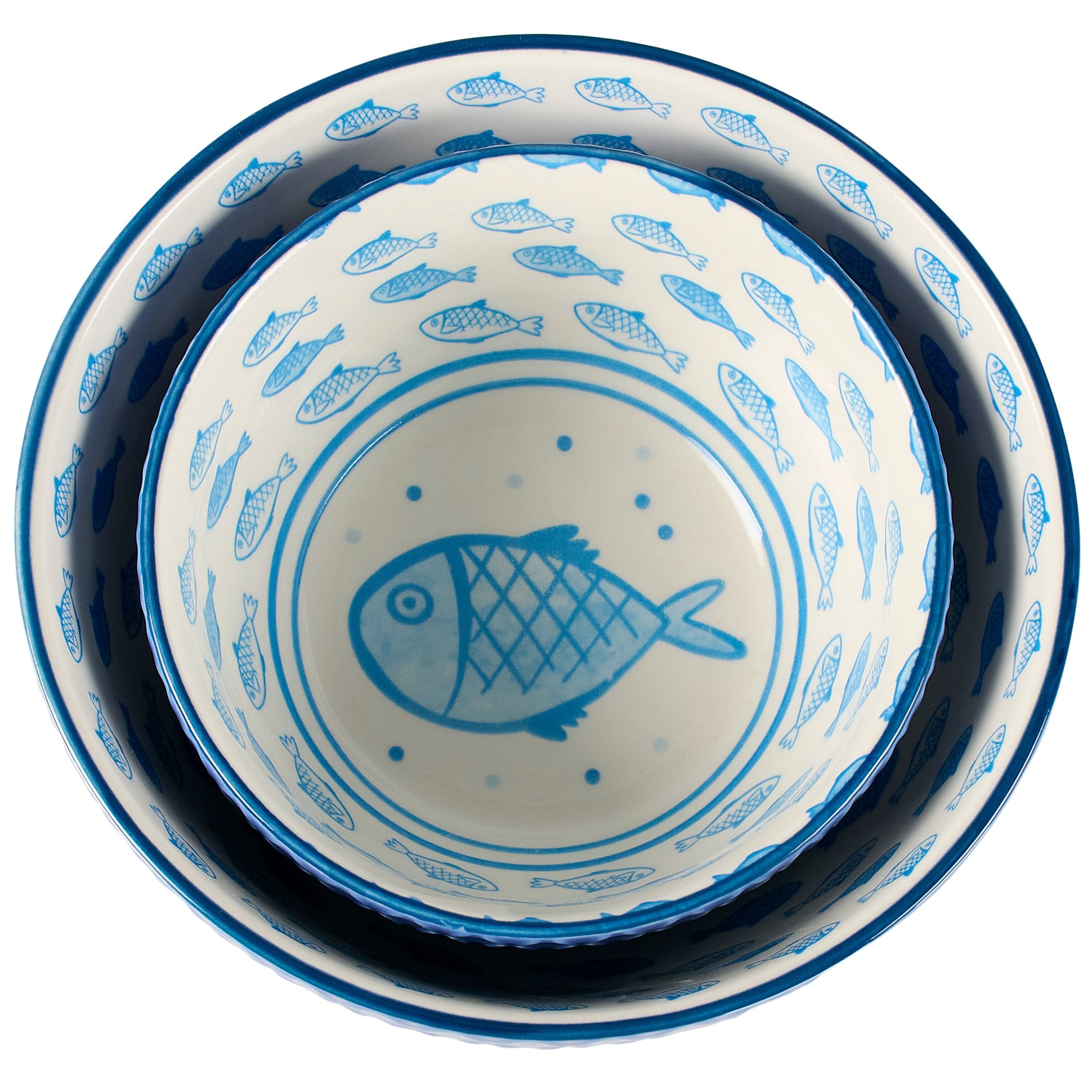 Durable Blue Fish Stoneware Nesting Bowl Set - Microwave Dishwasher Oven Safe