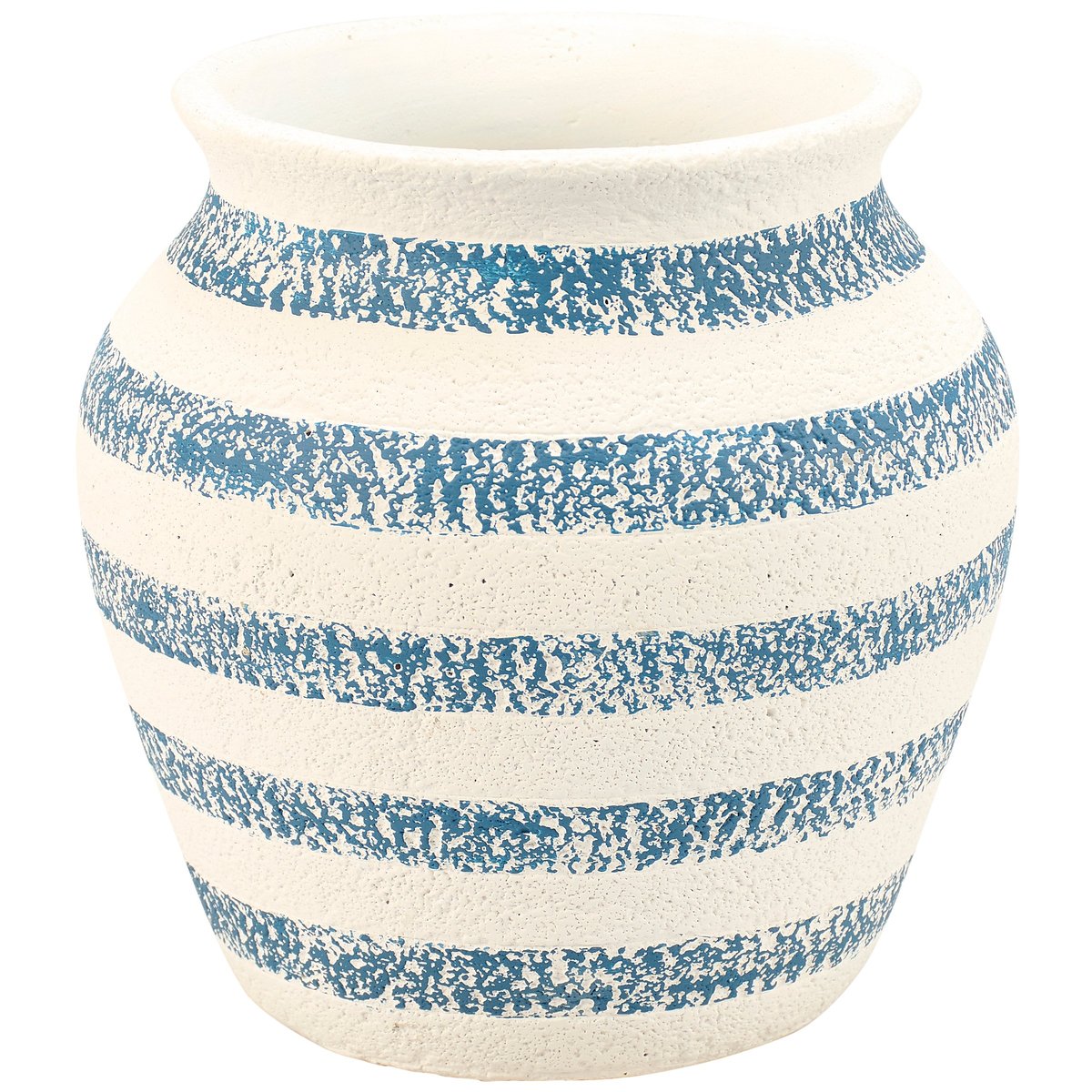 Charming Navy Blue & Cream Striped Cement Vase, Rustic Coastal Home Decor