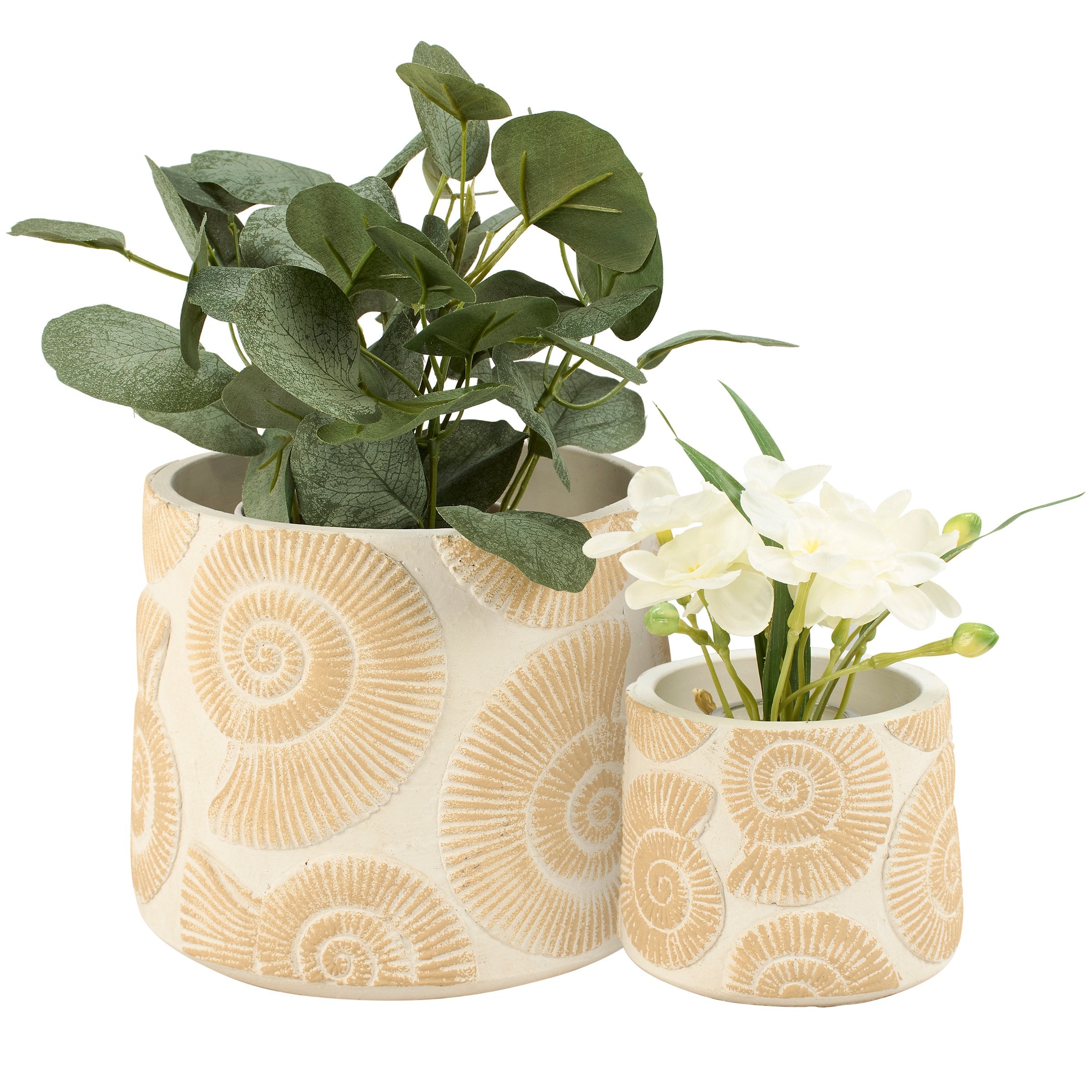 Coastal Decor Nautical Shell Cement Planter Set, Two Piece Decorative Garden Pots