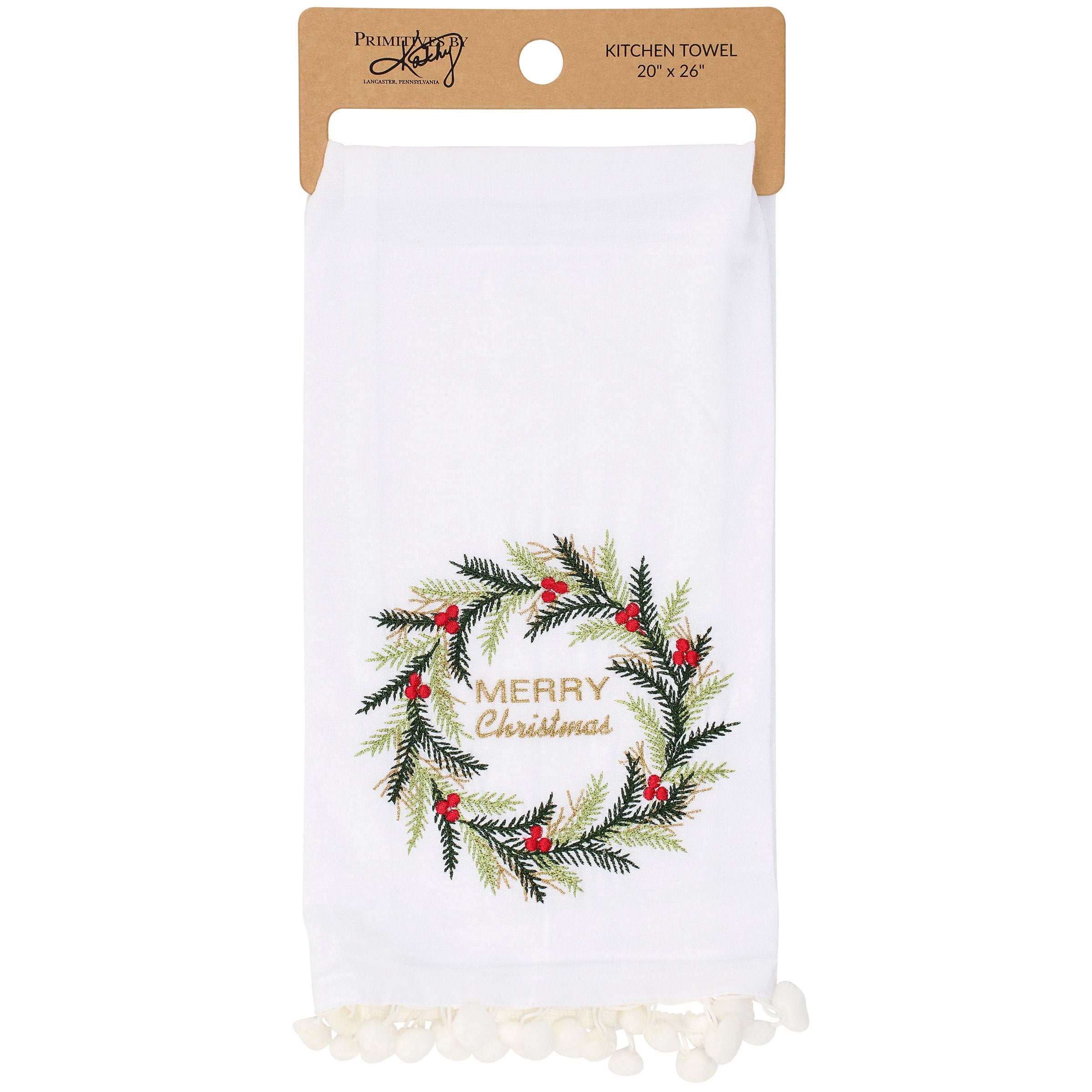 Festive Embroidered Christmas Wreath Cotton Kitchen Towel with Elegant Pom Trim