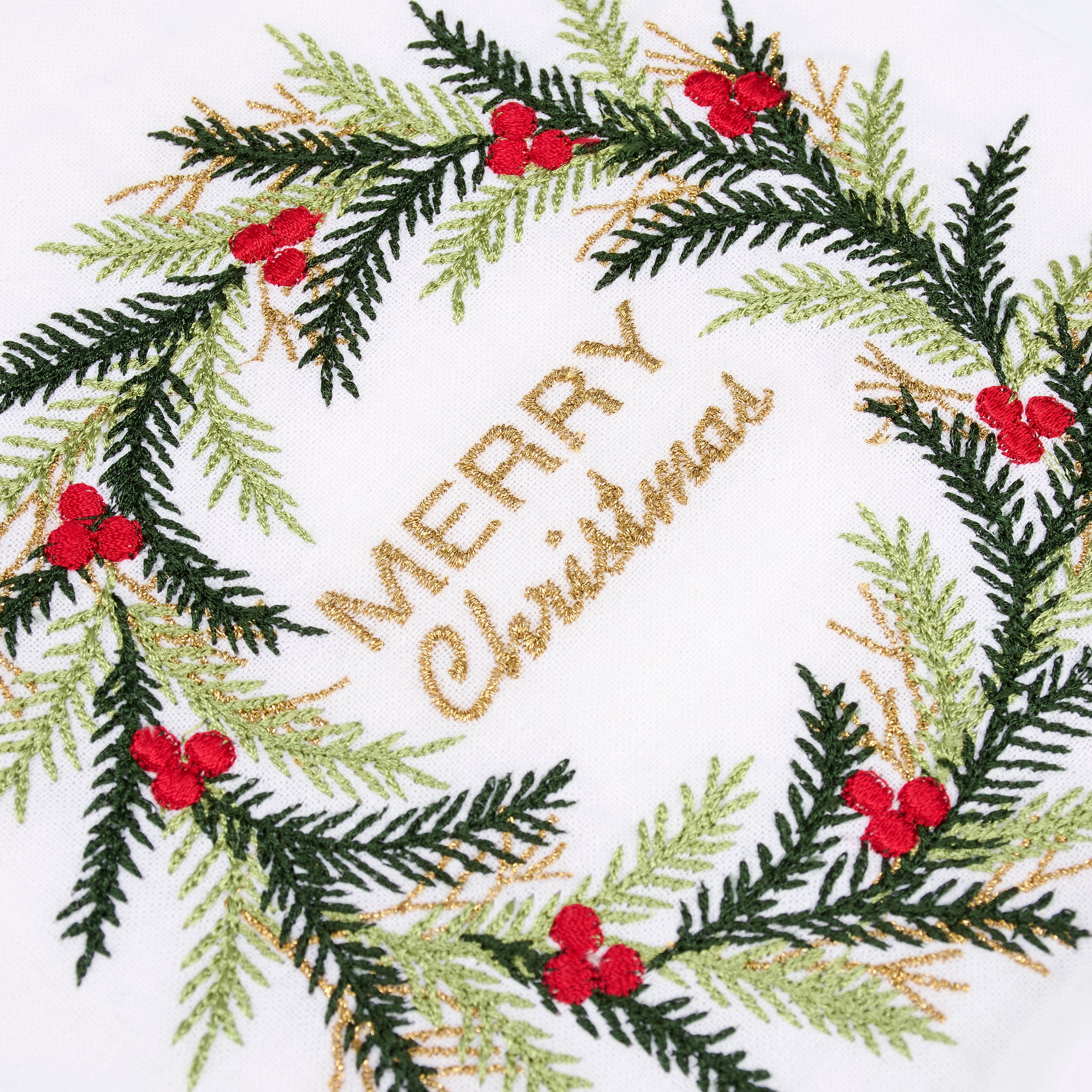 Festive Embroidered Christmas Wreath Cotton Kitchen Towel with Elegant Pom Trim