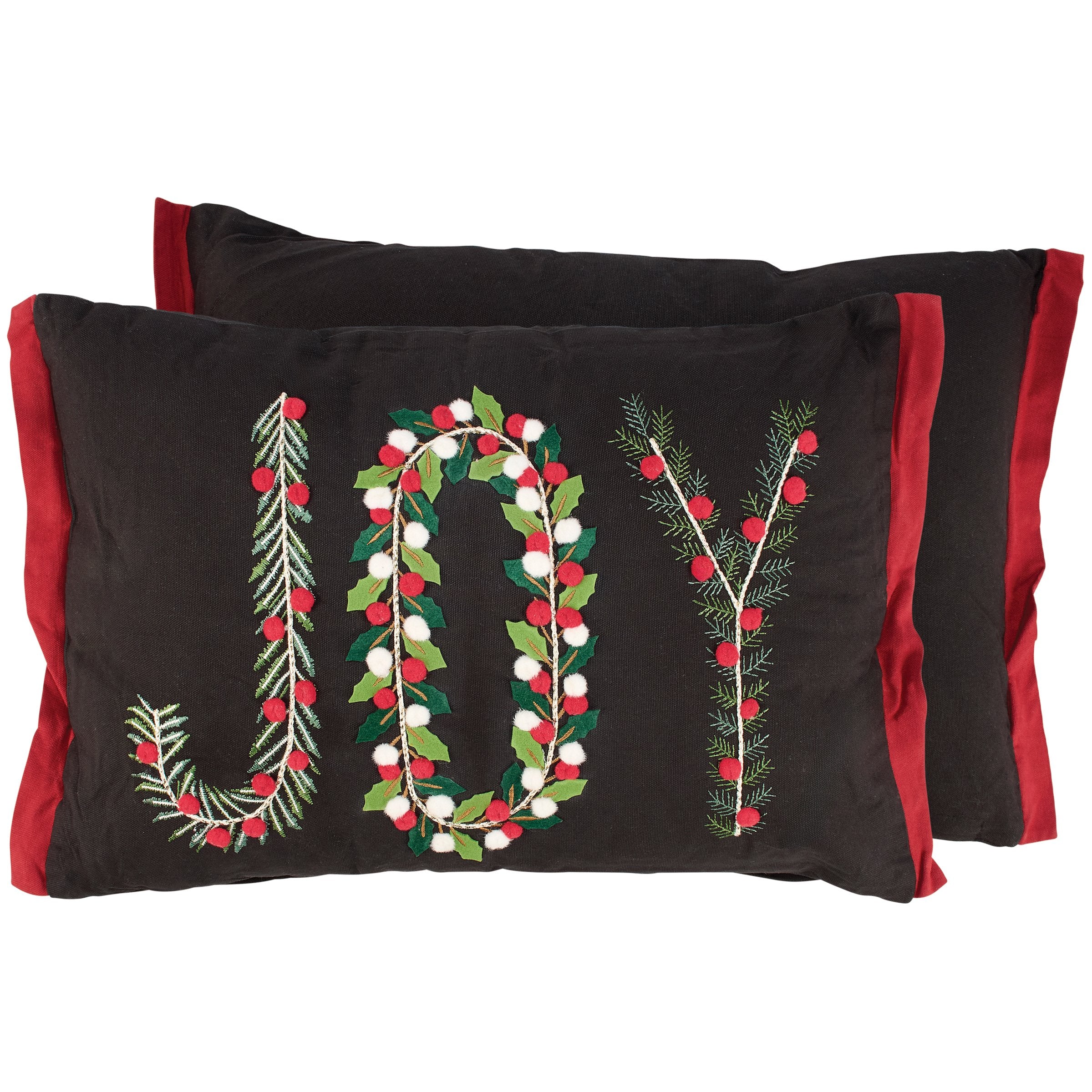 Festive Holiday Joy Embroidered Cotton Pillow with Holly Pine Details