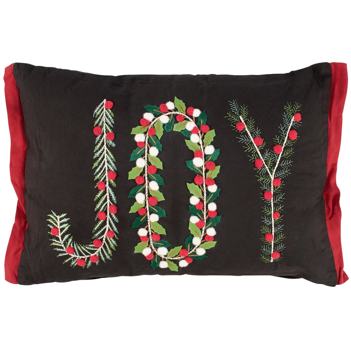 Festive Holiday Joy Embroidered Cotton Pillow with Holly Pine Details