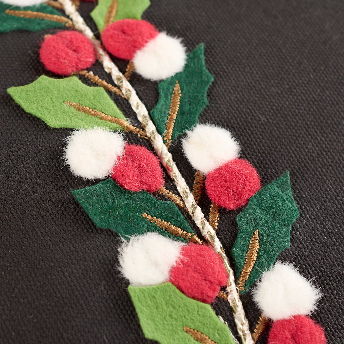 Festive Holiday Joy Embroidered Cotton Pillow with Holly Pine Details