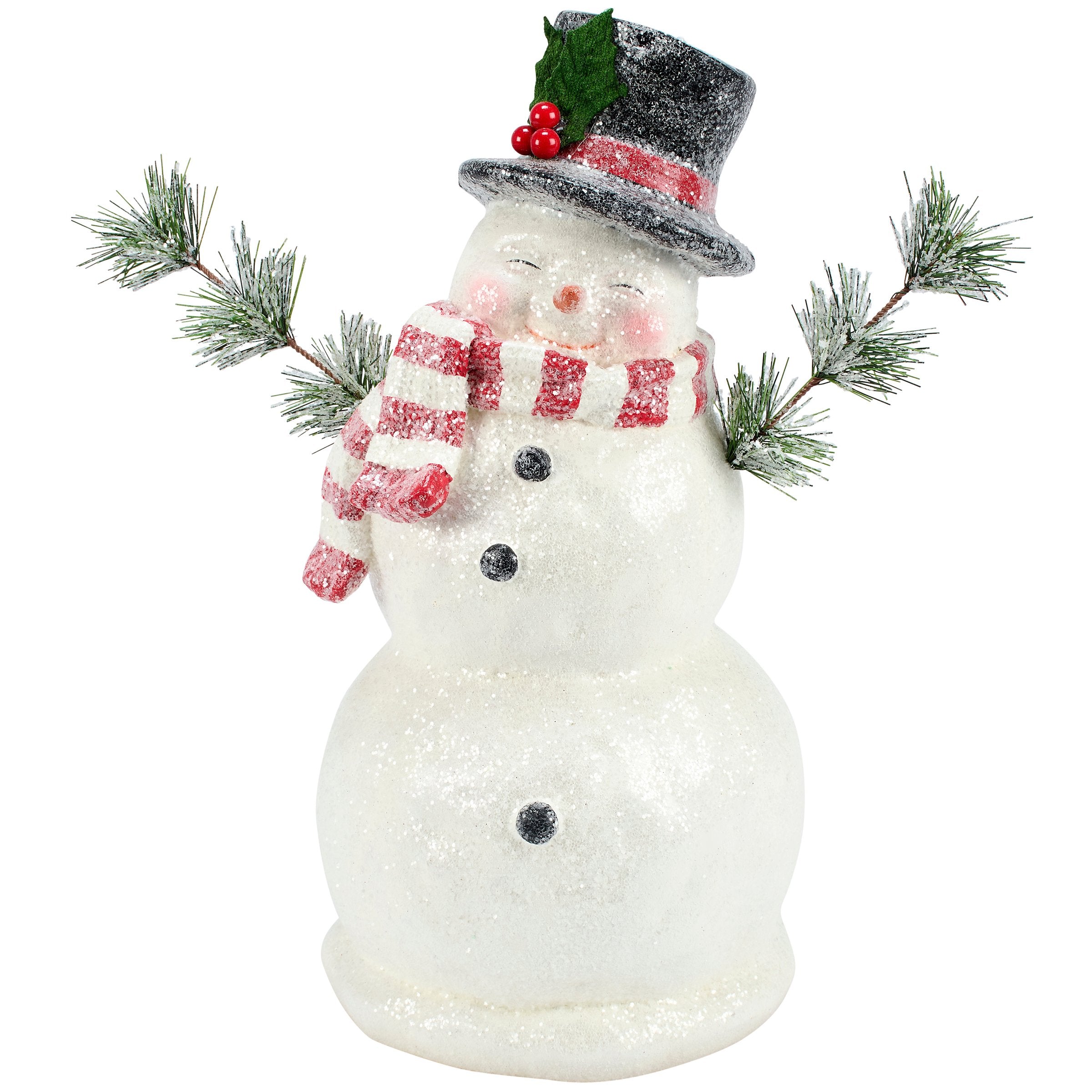 Jolly Snowman Figurine with Snowy Branches & Holly Hat, Glittering Christmas Decor