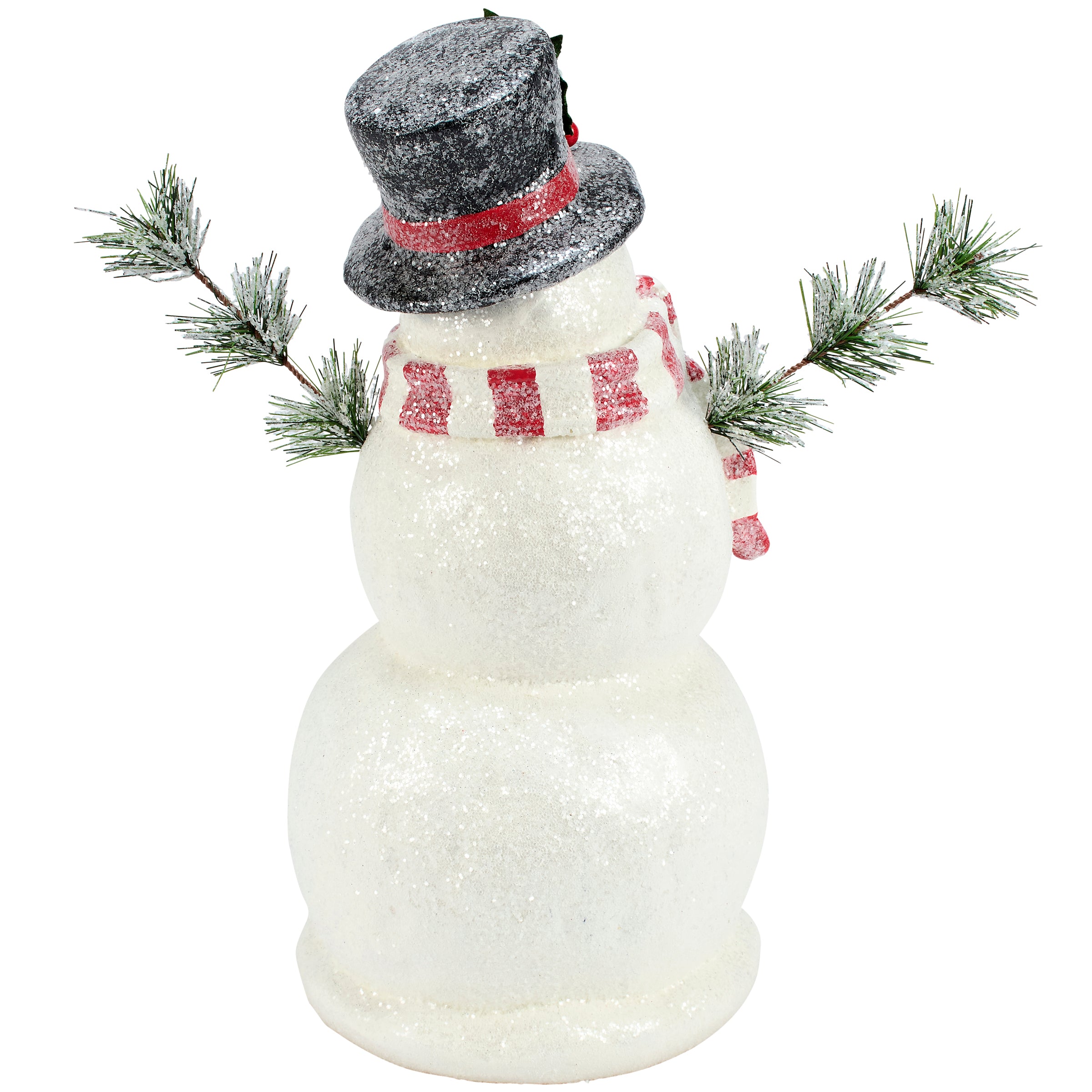 Jolly Snowman Figurine with Snowy Branches & Holly Hat, Glittering Christmas Decor