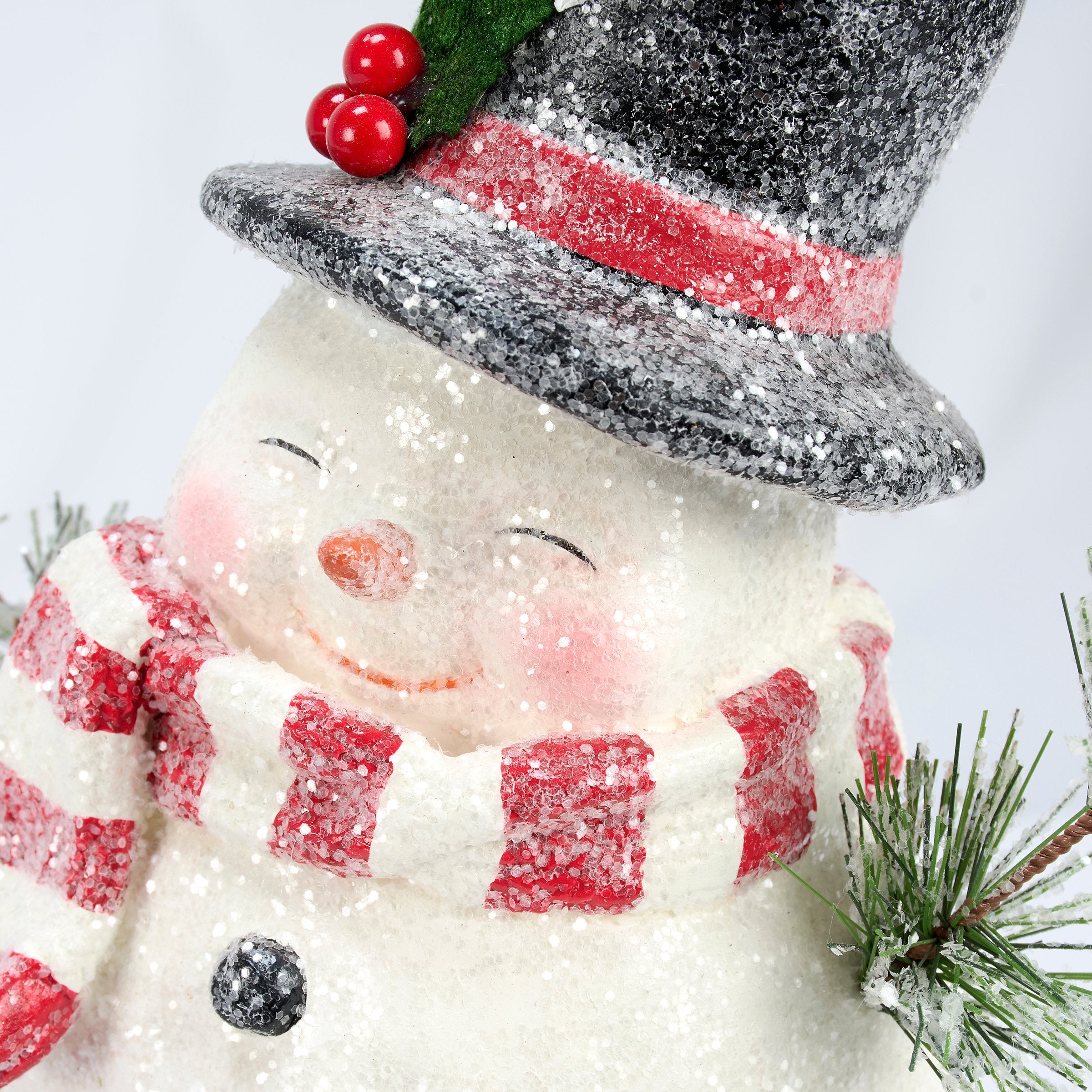 Jolly Snowman Figurine with Snowy Branches & Holly Hat, Glittering Christmas Decor