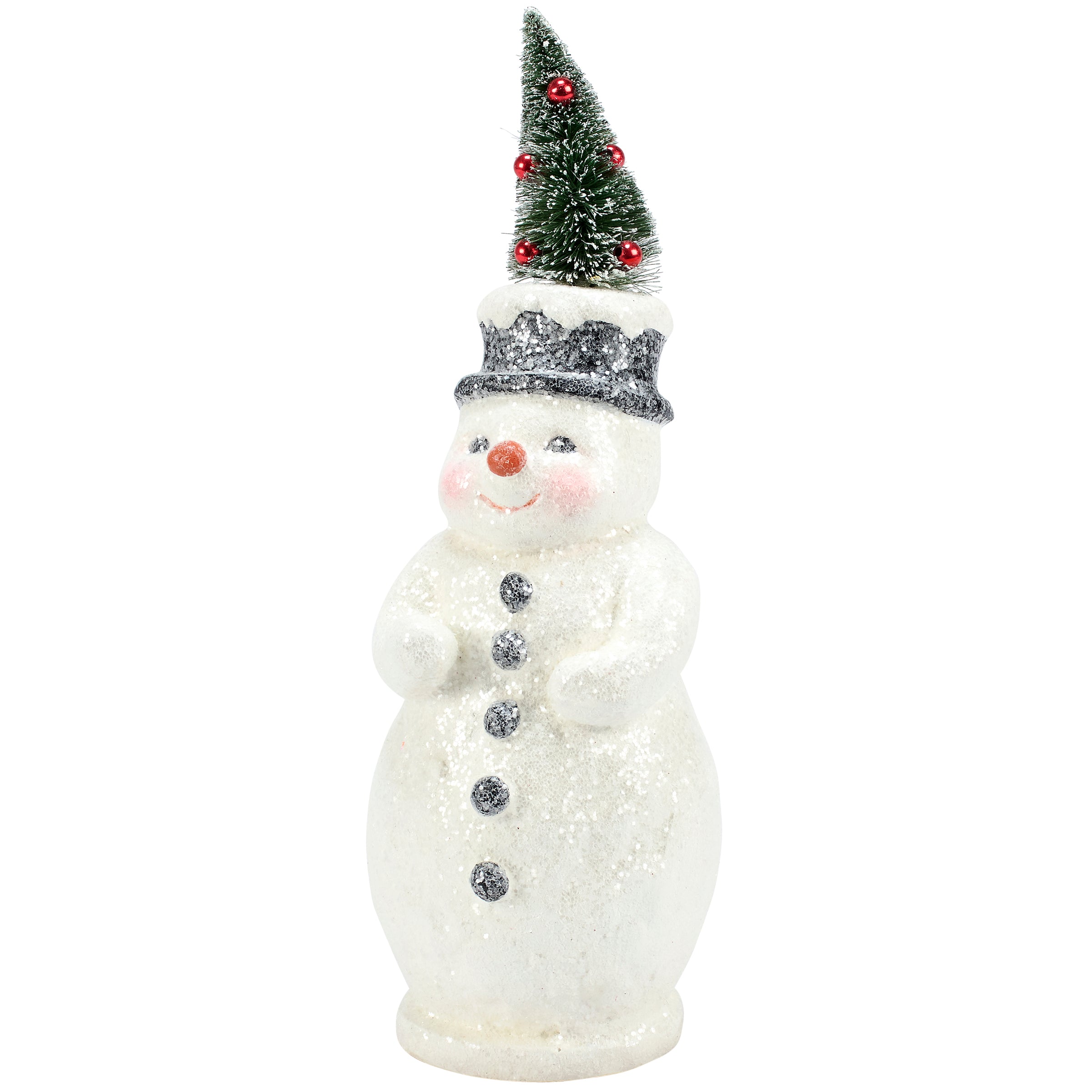 Retro Festive Snowman Figurine with Snowy Mica Finish & Bristle Christmas Tree Hat