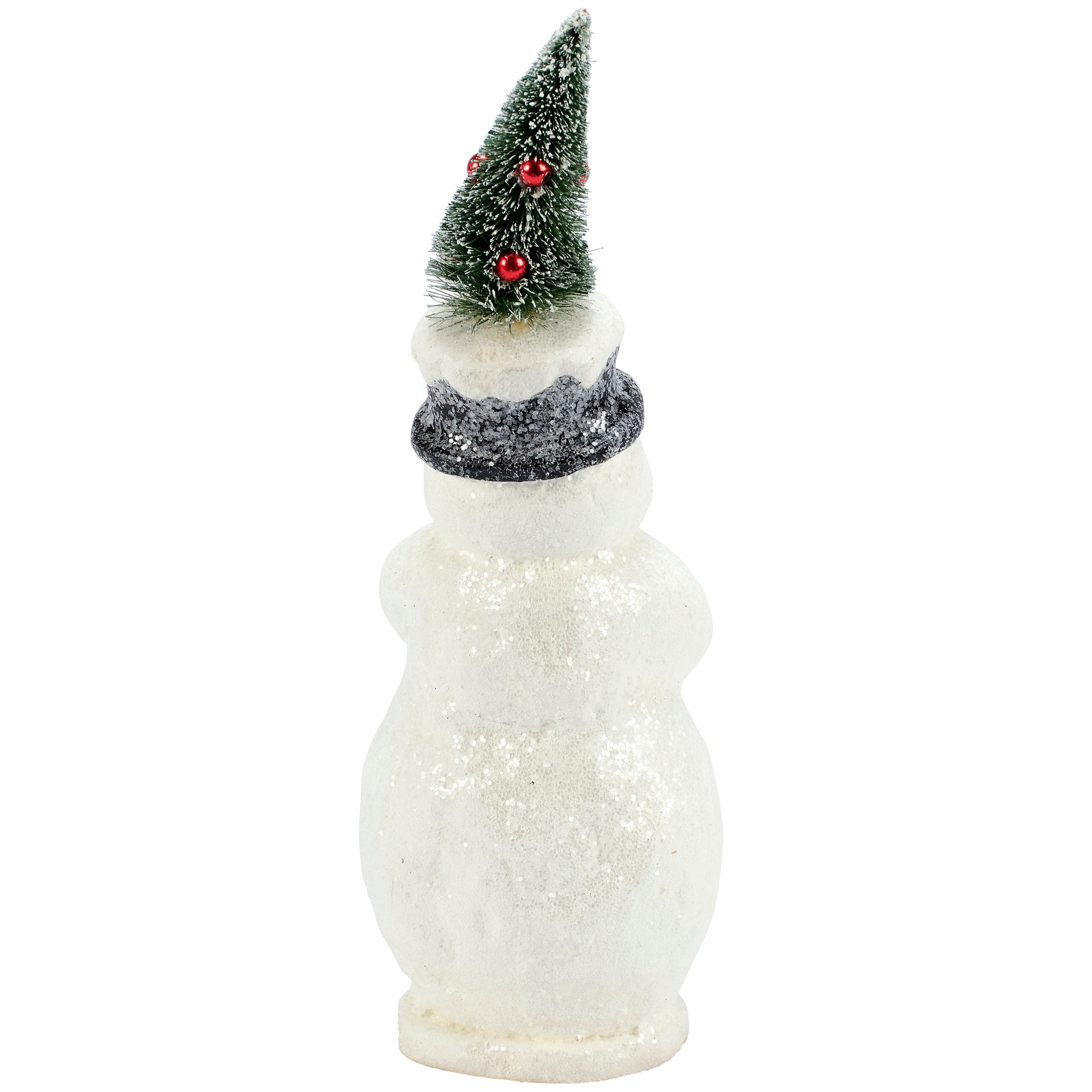 Retro Festive Snowman Figurine with Snowy Mica Finish & Bristle Christmas Tree Hat