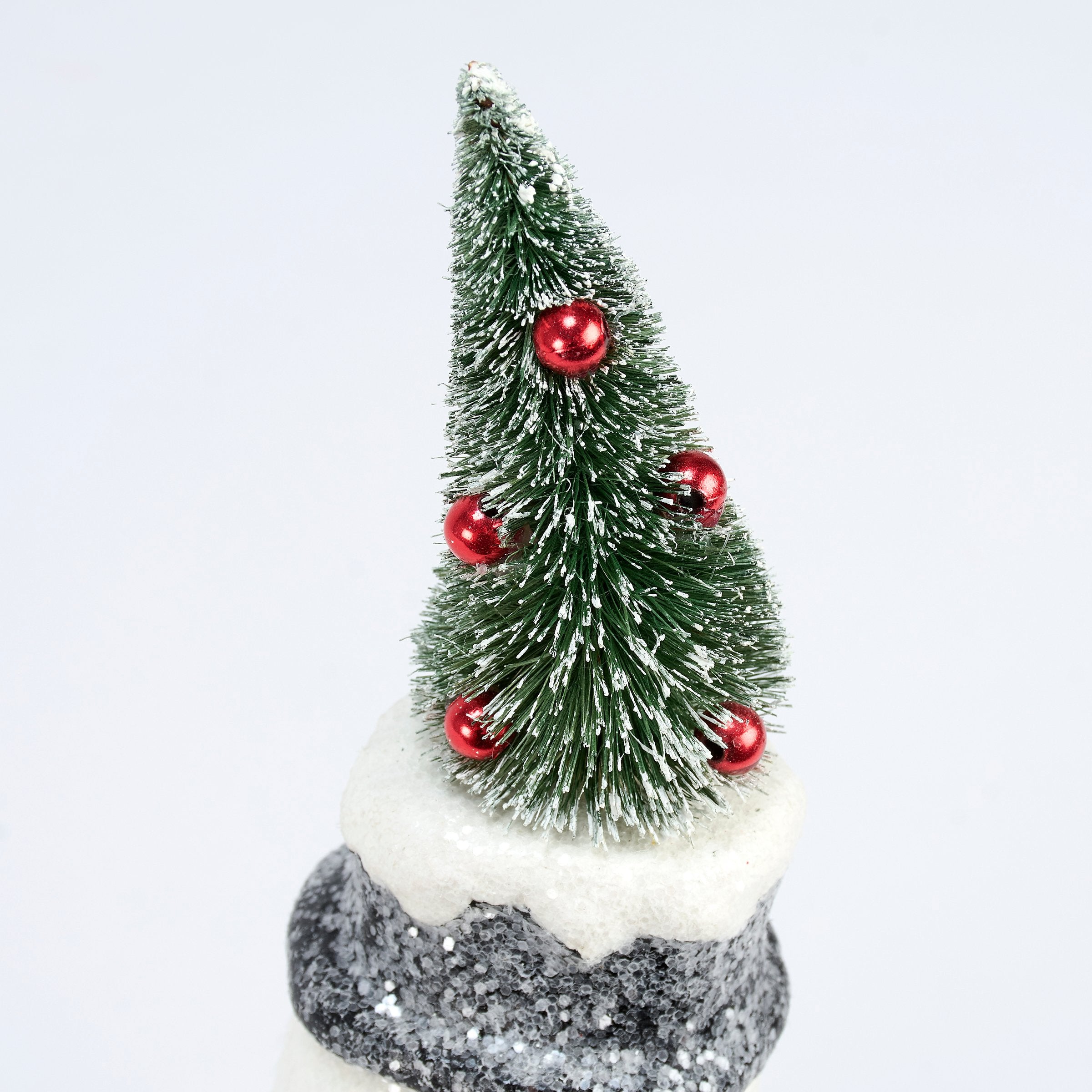 Retro Festive Snowman Figurine with Snowy Mica Finish & Bristle Christmas Tree Hat