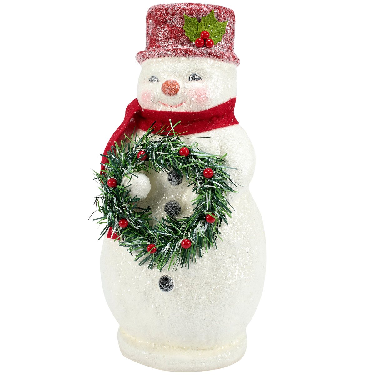 Charming Retro Snow Woman Figurine with Wreath & Holly Accent for Christmas Decor
