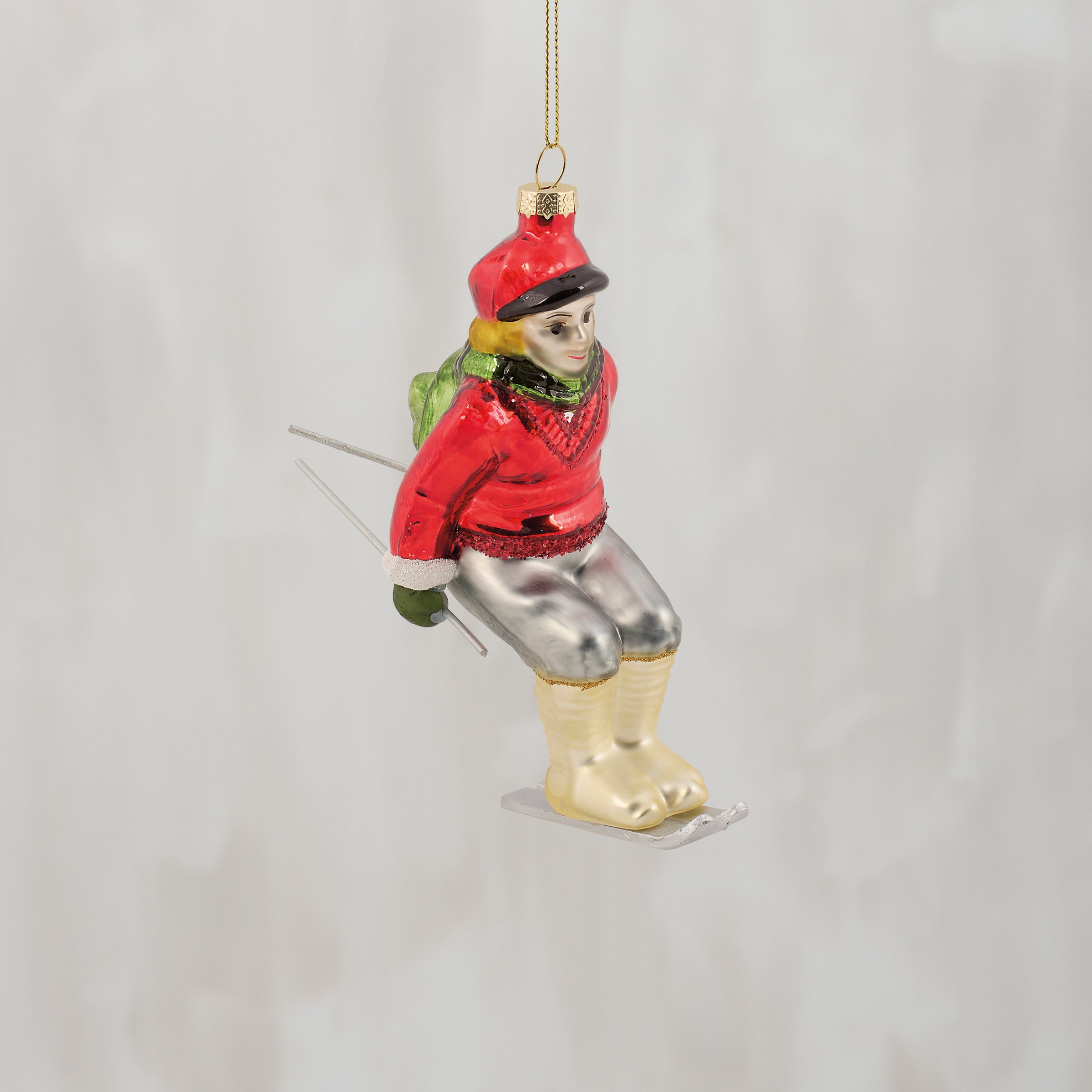 Vintage Red Skier Glass Christmas Ornament with Glitter Accents - Primitives by Kathy