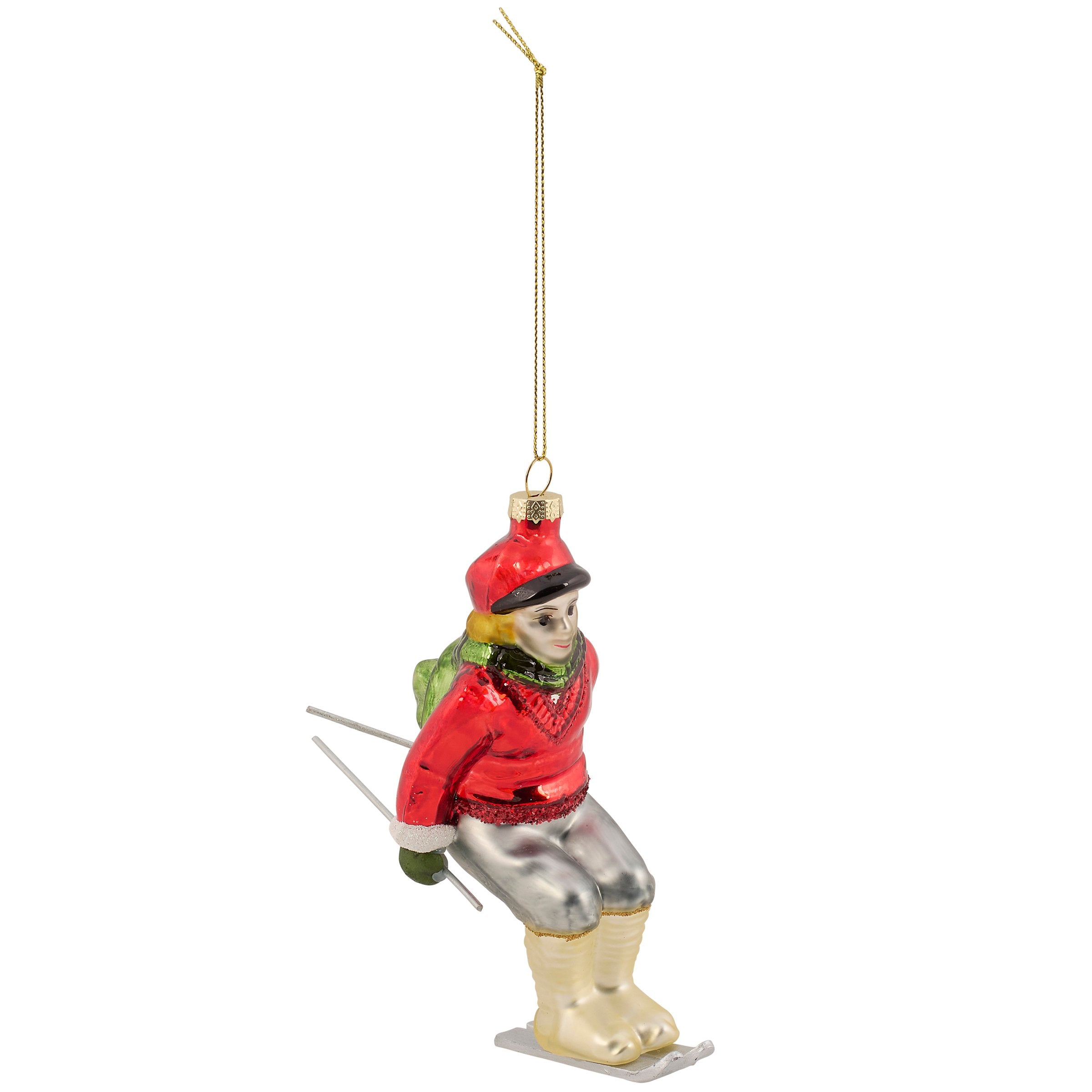 Vintage Red Skier Glass Christmas Ornament with Glitter Accents - Primitives by Kathy