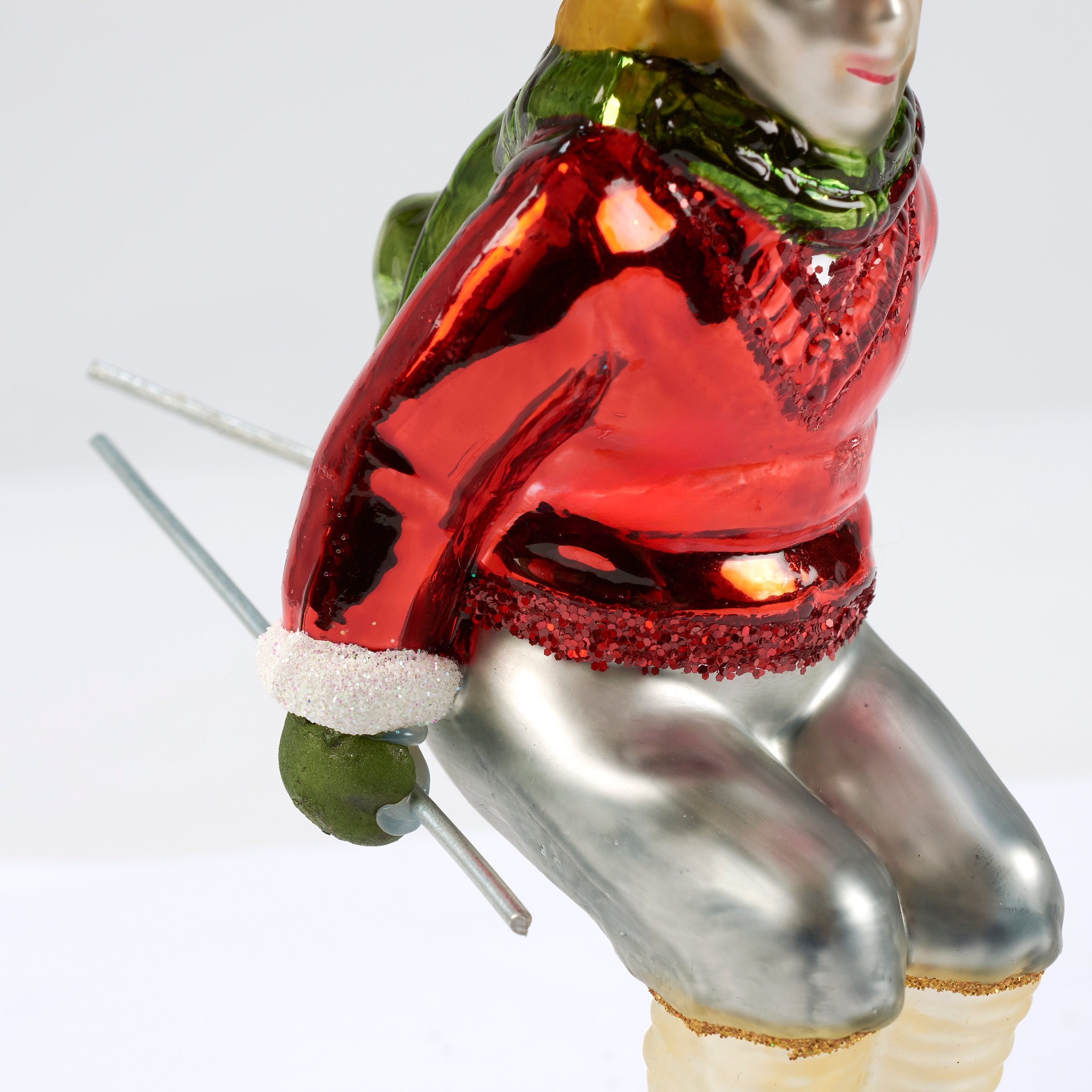 Vintage Red Skier Glass Christmas Ornament with Glitter Accents - Primitives by Kathy