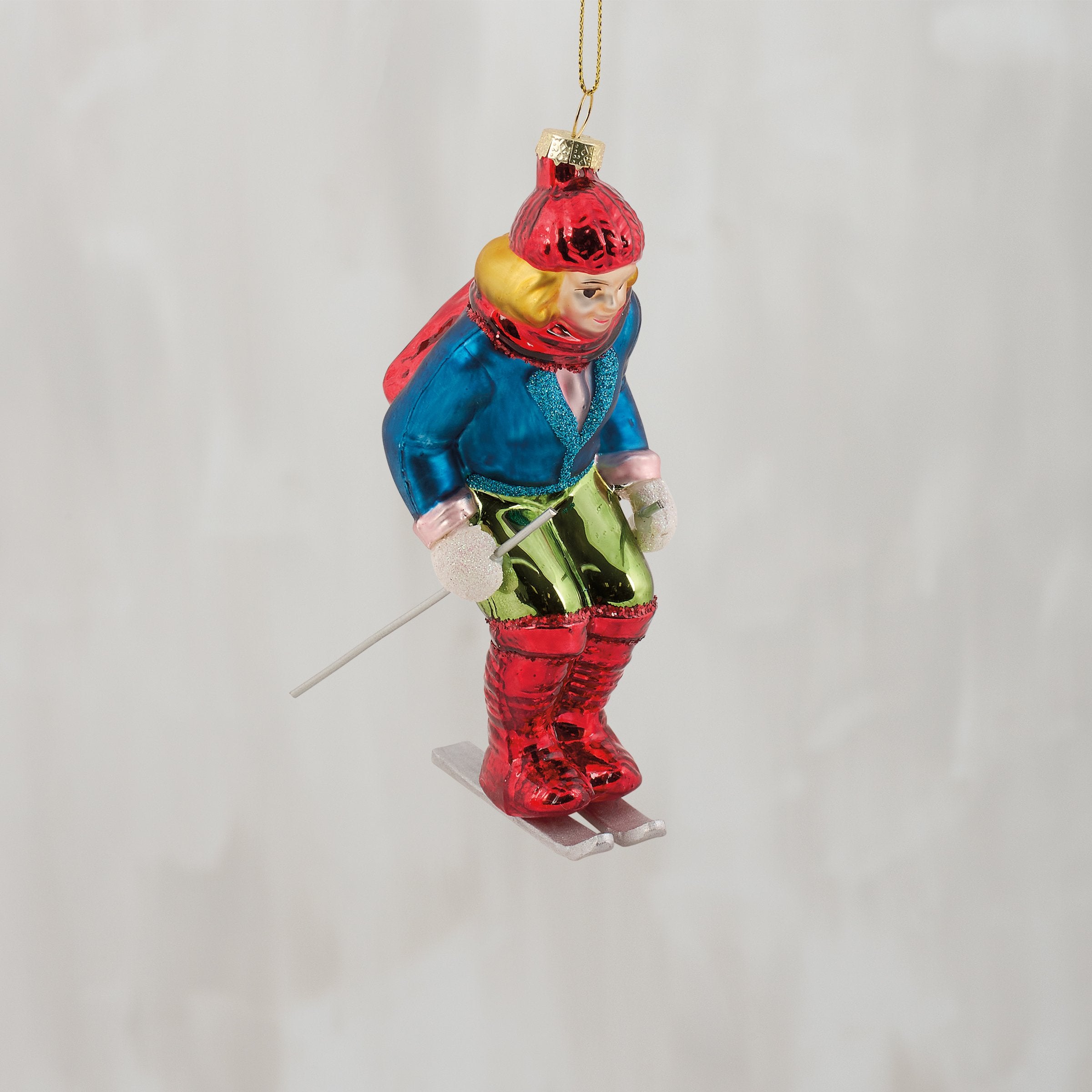 Vintage Blue Skier Glass Christmas Tree Ornament with Glitter Accents