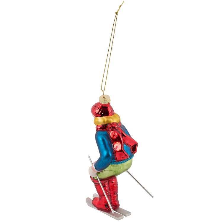 Vintage Blue Skier Glass Christmas Tree Ornament with Glitter Accents
