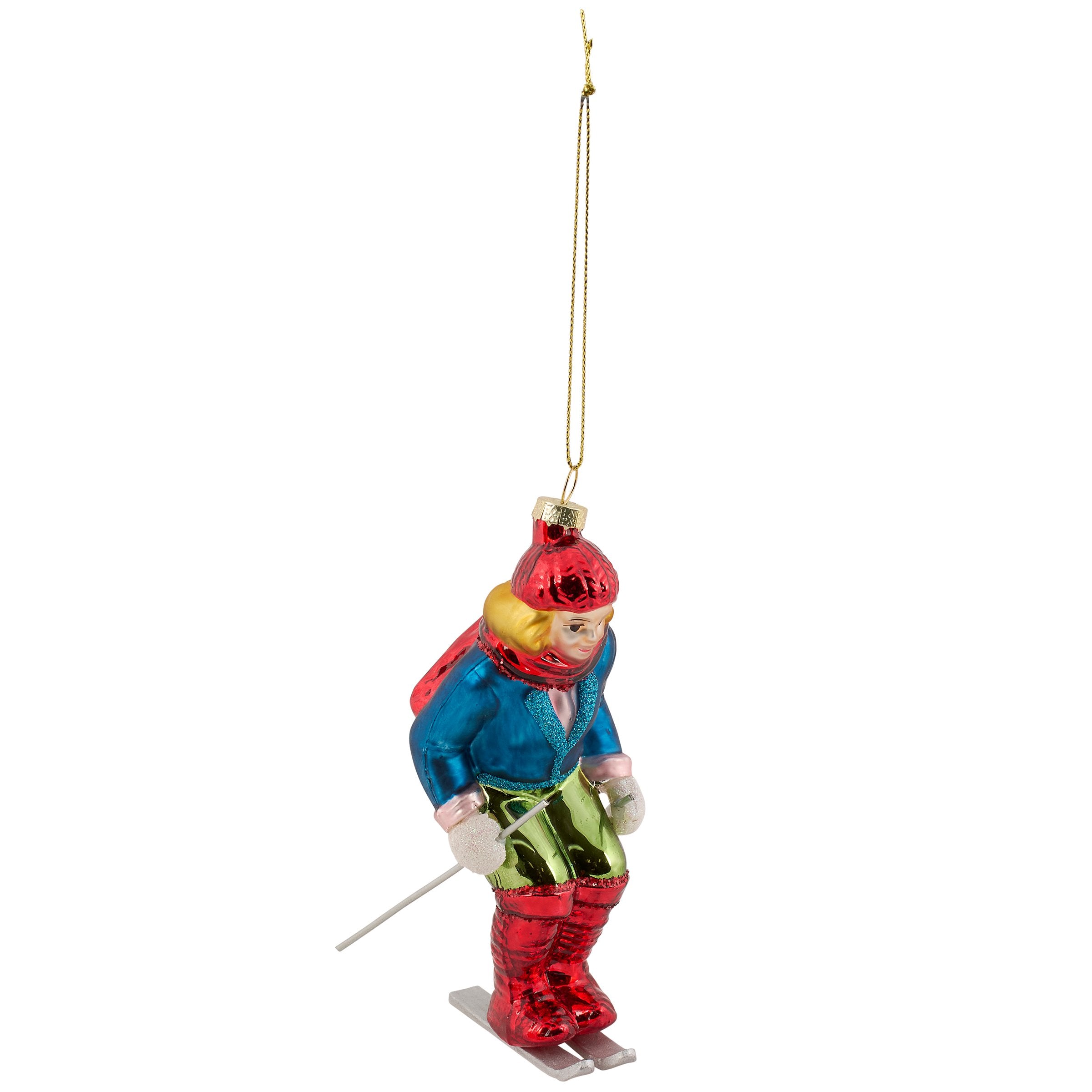 Vintage Blue Skier Glass Christmas Tree Ornament with Glitter Accents