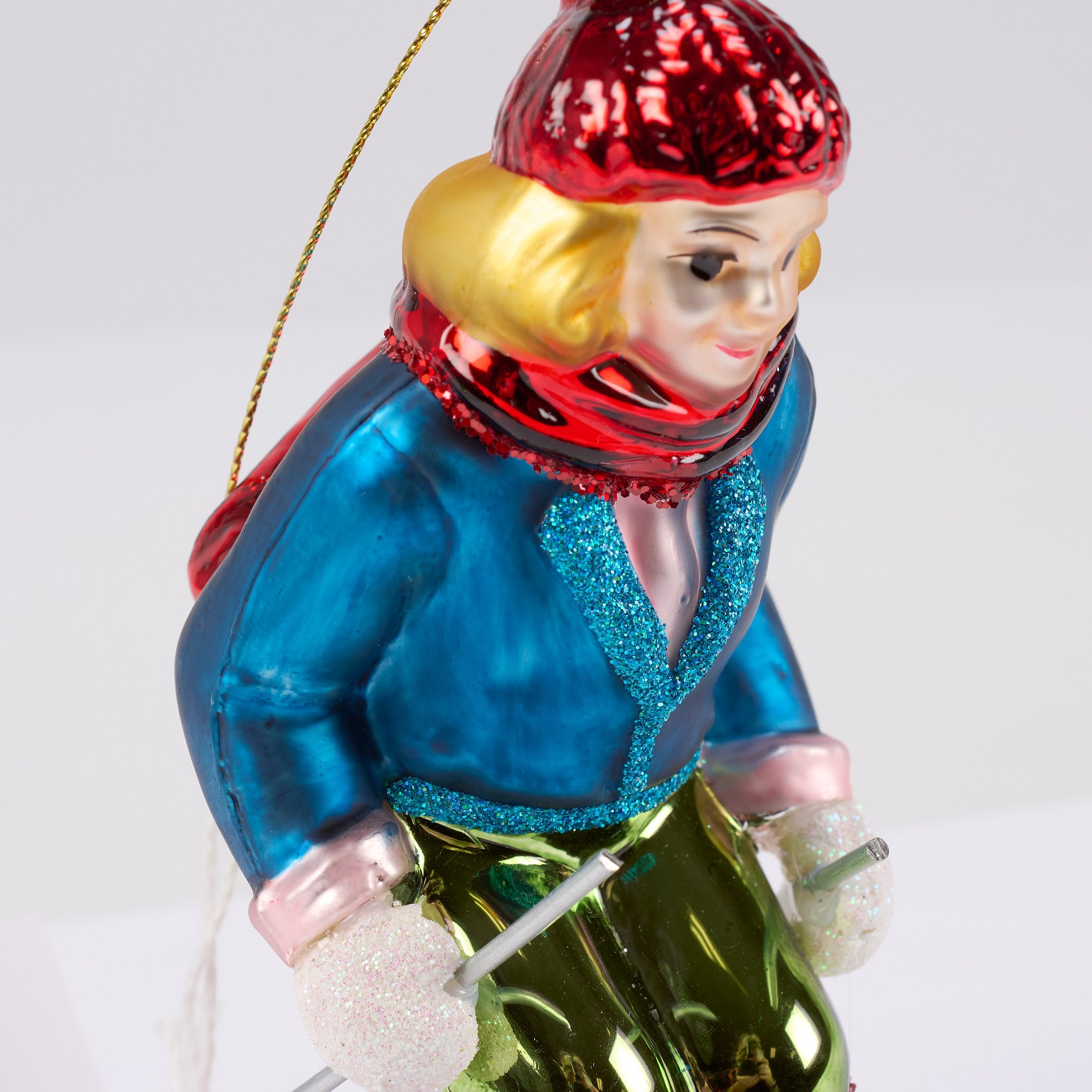 Vintage Blue Skier Glass Christmas Tree Ornament with Glitter Accents