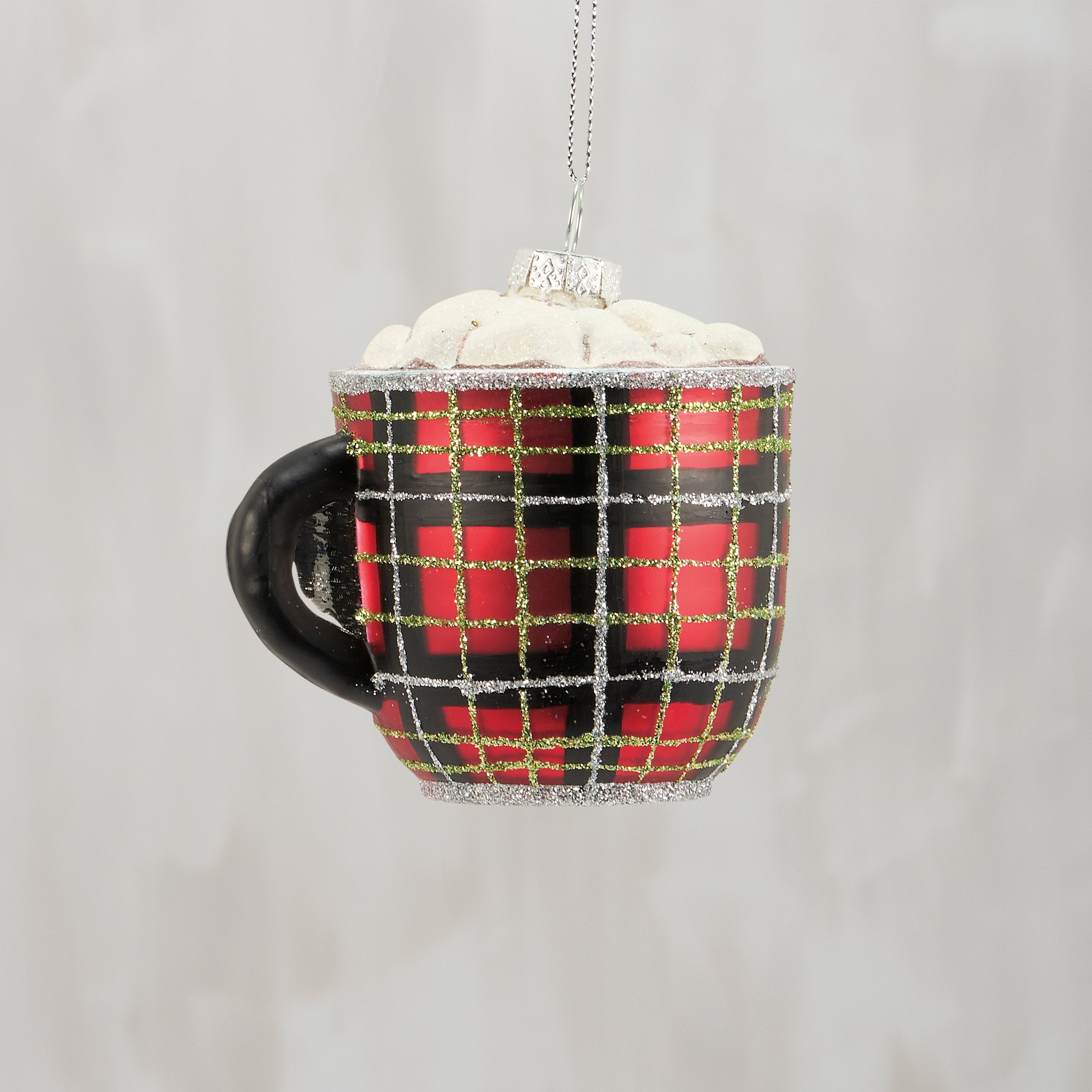 Vintage Hot Cocoa Mug Glass Christmas Ornament - Plaid, Glitter Accents