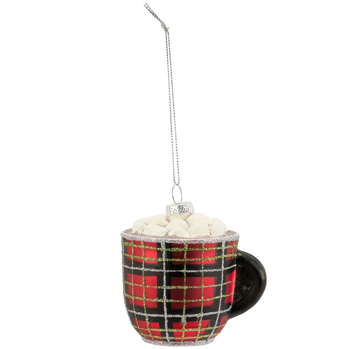 Vintage Hot Cocoa Mug Glass Christmas Ornament - Plaid, Glitter Accents