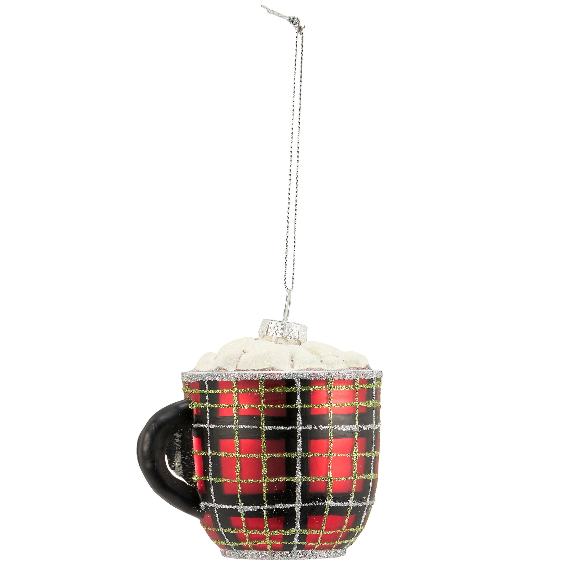 Vintage Hot Cocoa Mug Glass Christmas Ornament - Plaid, Glitter Accents