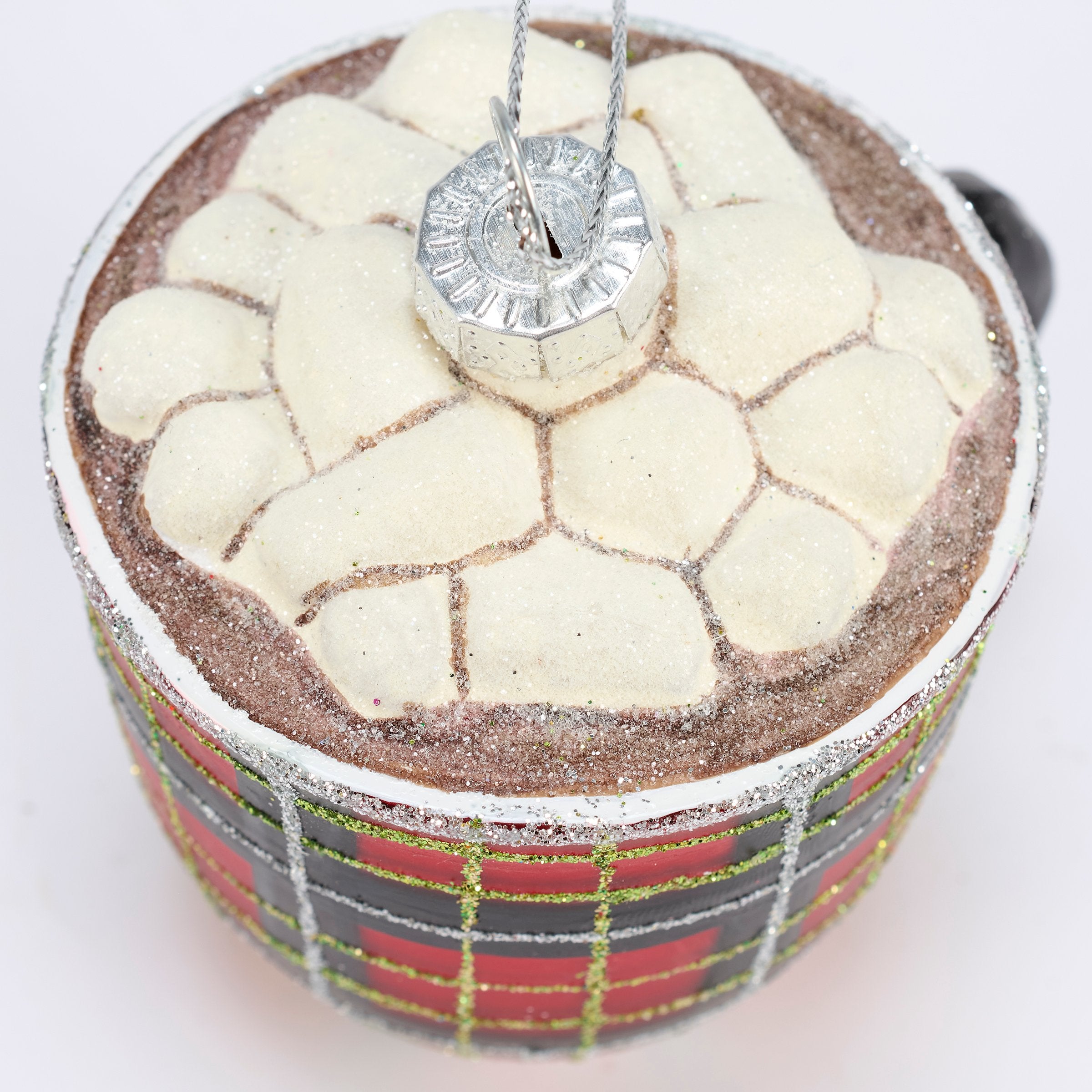 Vintage Hot Cocoa Mug Glass Christmas Ornament - Plaid, Glitter Accents
