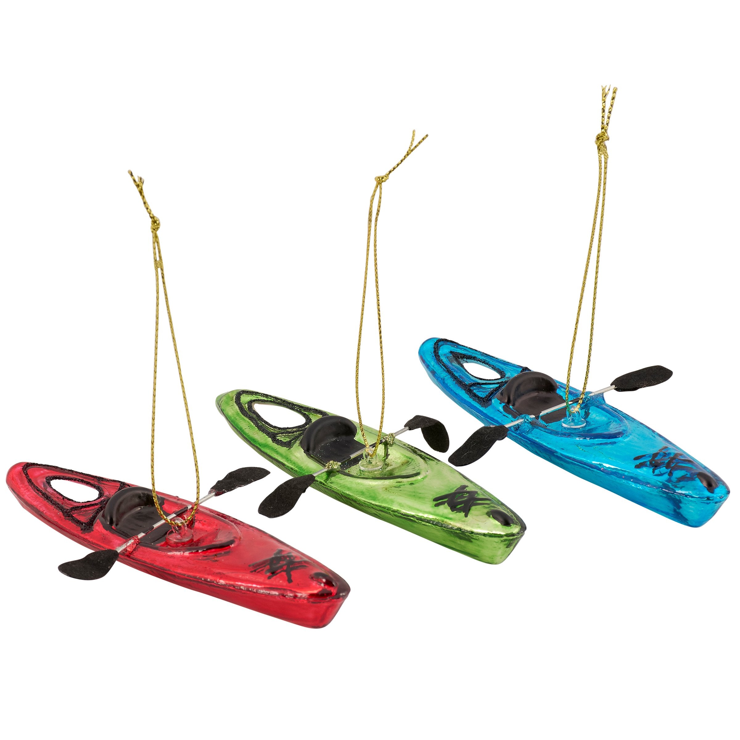 Fun Kayak Glass Christmas Ornament Set - 3 Designs with Glitter Accents