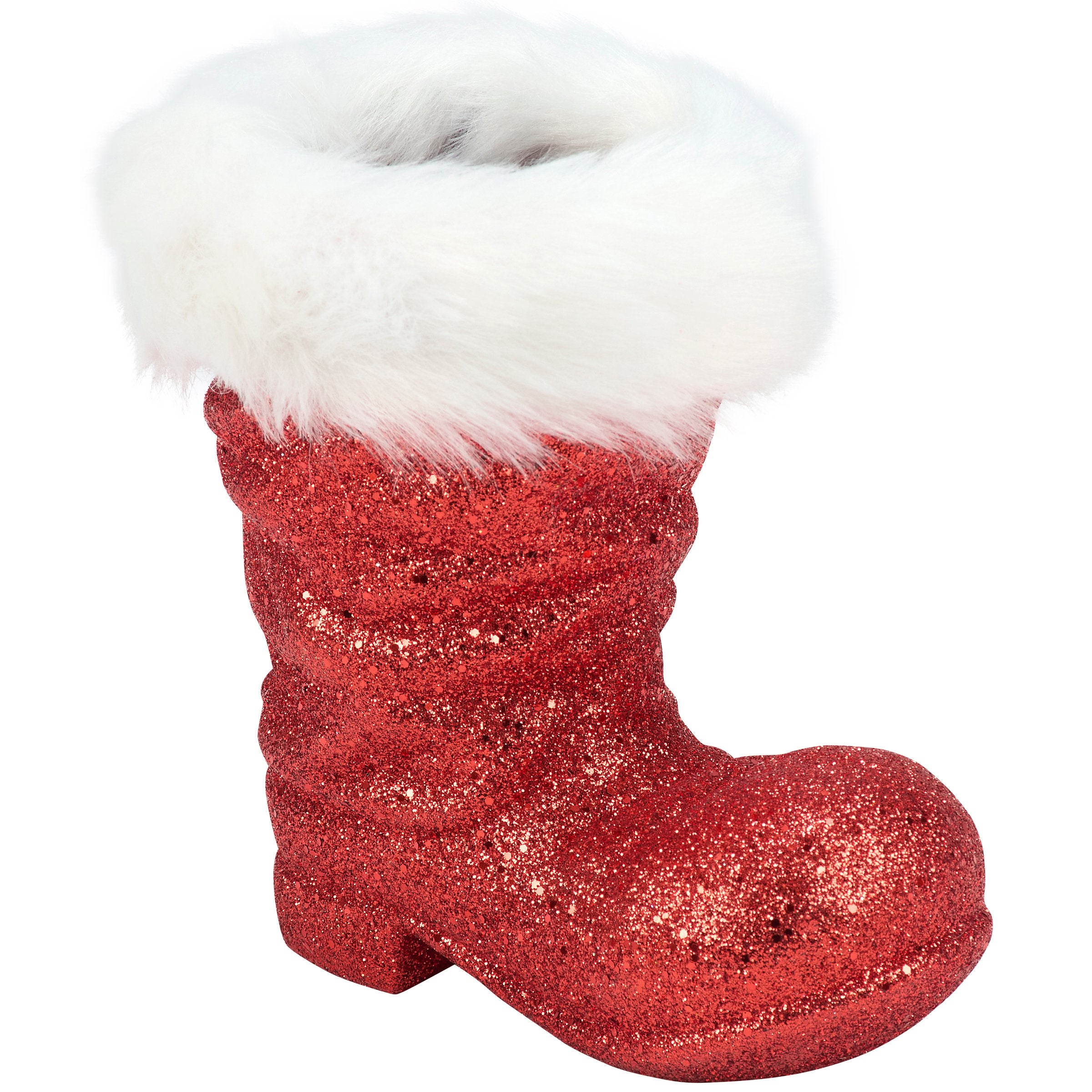 Small Festive Red Glitter Santa Boot Sitter with Faux Fur Trim Christmas Decor