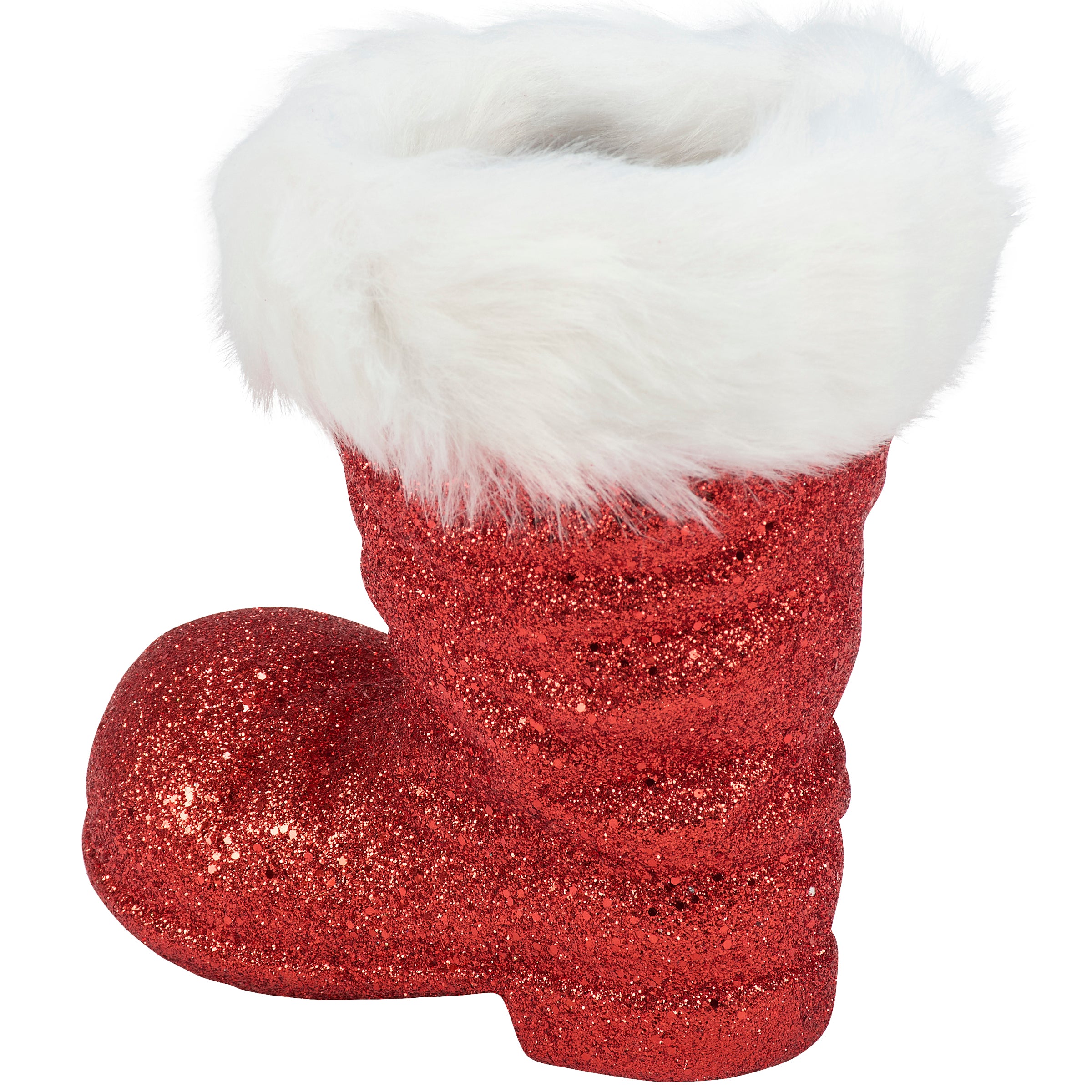 Small Festive Red Glitter Santa Boot Sitter with Faux Fur Trim Christmas Decor