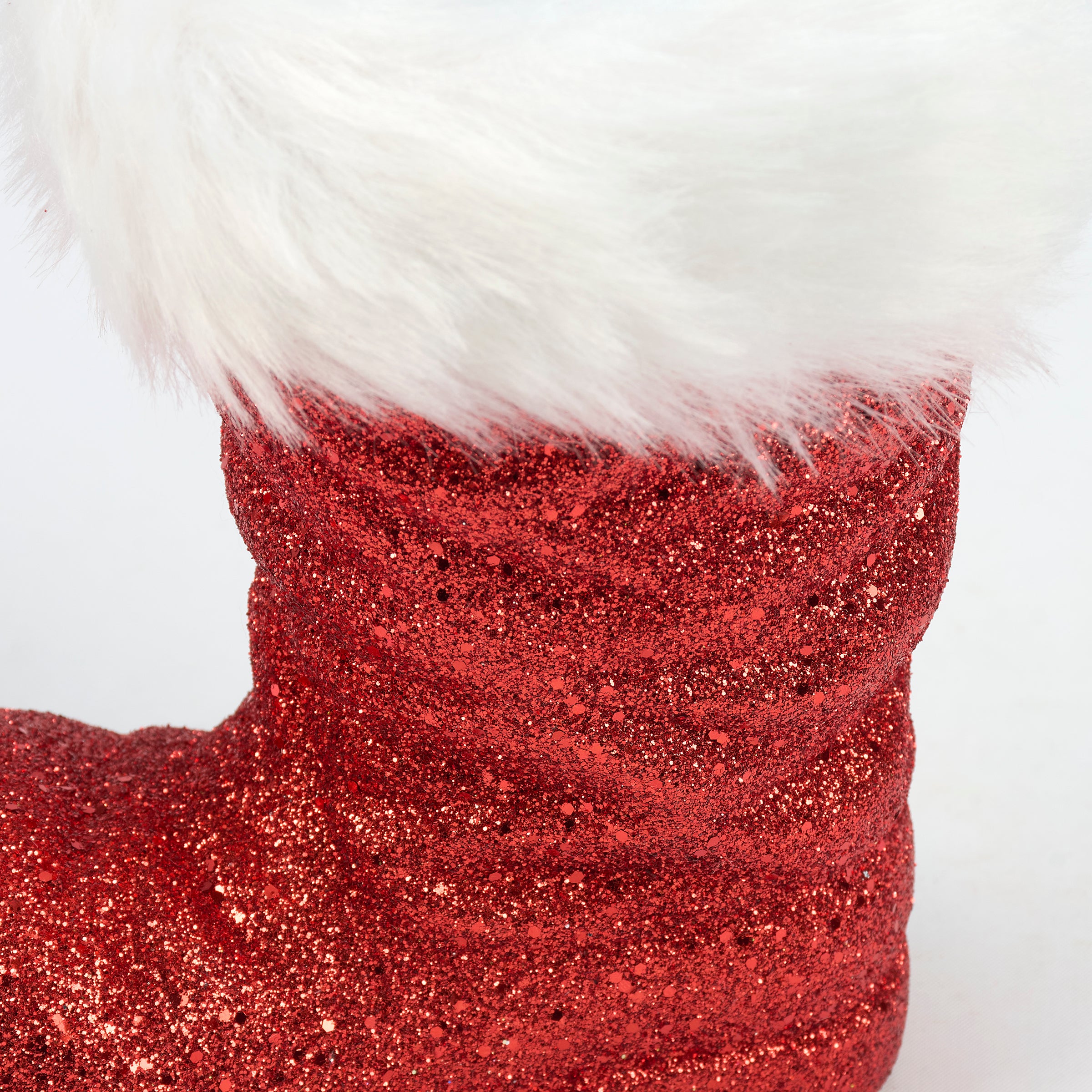 Small Festive Red Glitter Santa Boot Sitter with Faux Fur Trim Christmas Decor