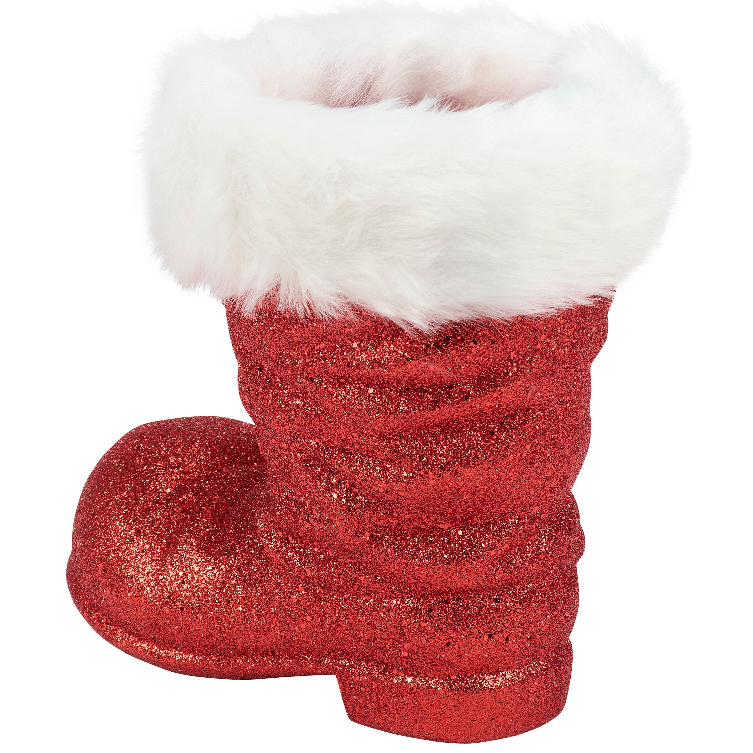 Large Glitter Santa Boot Sitter Home Accent with Faux Fur Trim