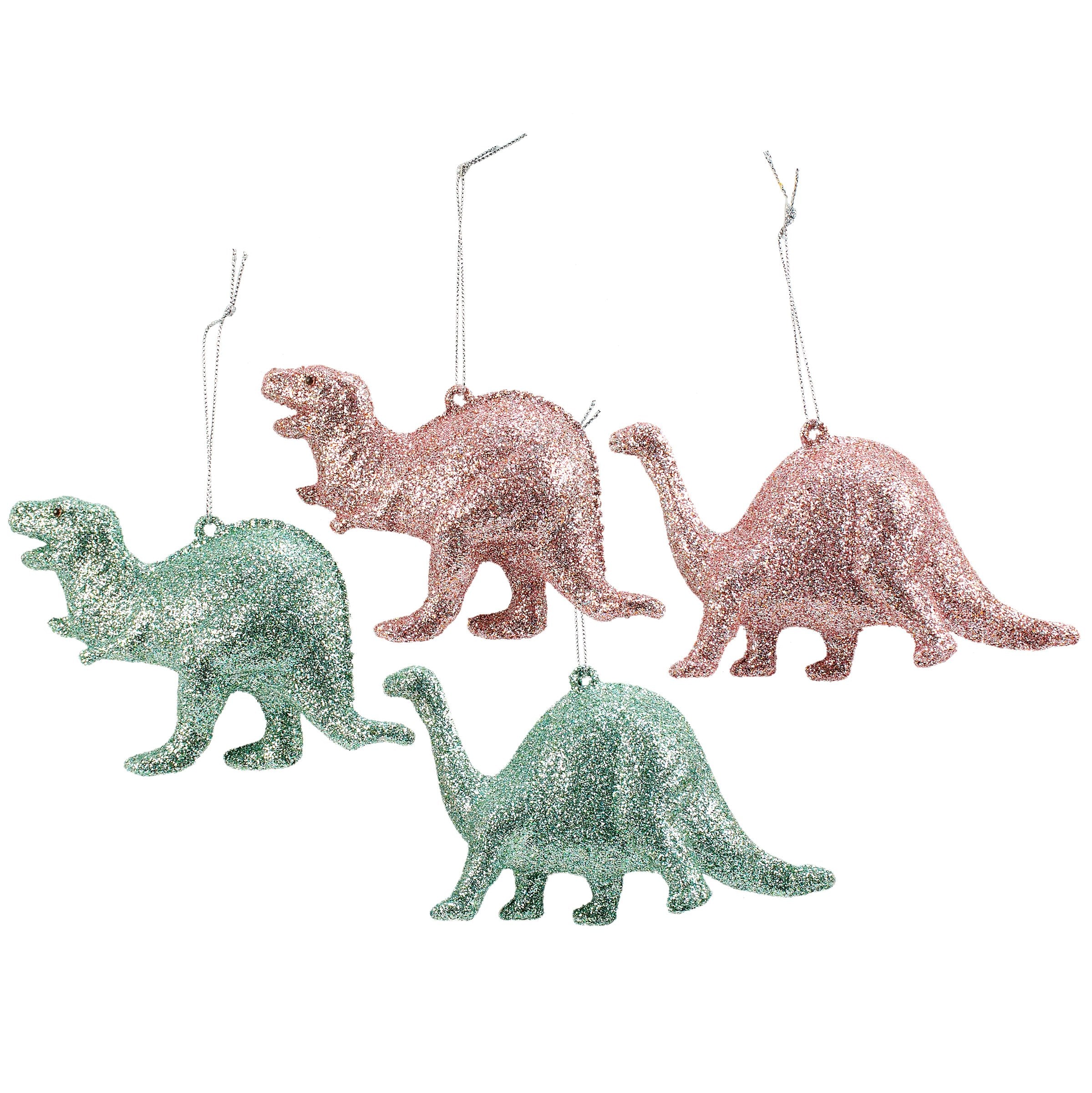 Sparkling Glitter Dinosaur Christmas Ornaments Set - Pink & Blue Dino Holiday Decor