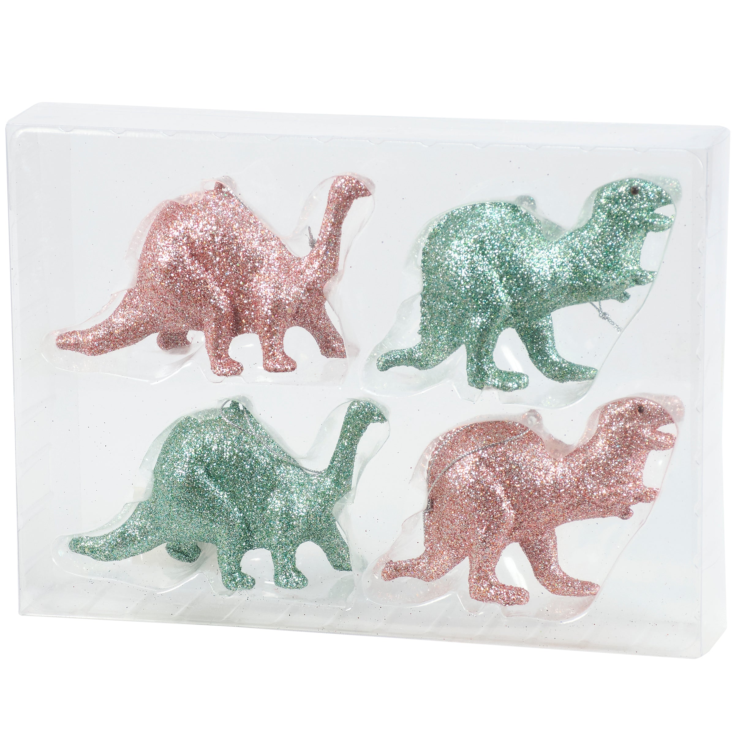 Sparkling Glitter Dinosaur Christmas Ornaments Set - Pink & Blue Dino Holiday Decor