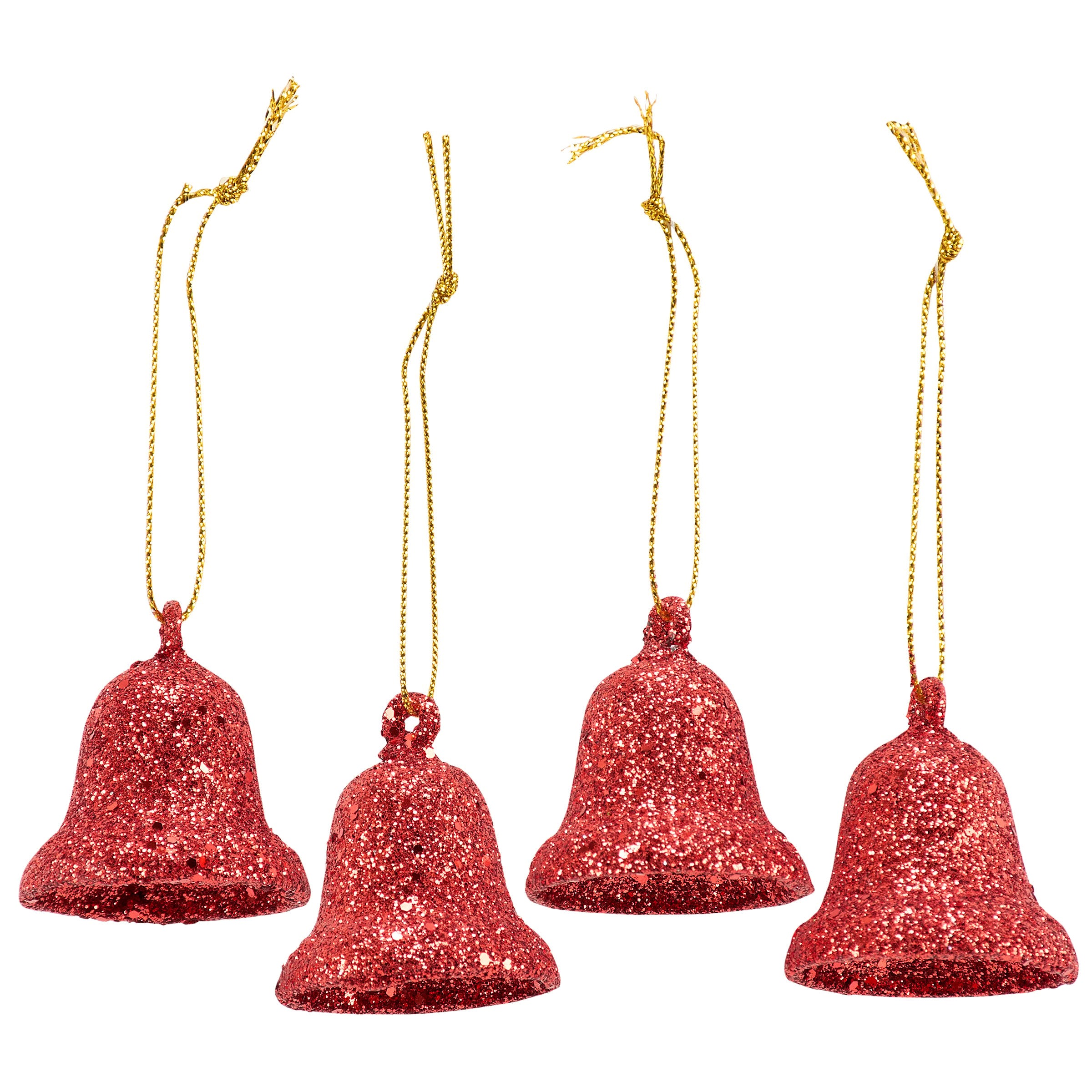 Festive Red Glitter Mini Bell Christmas Ornaments Set, 4-Pack, Retro Holiday Decor
