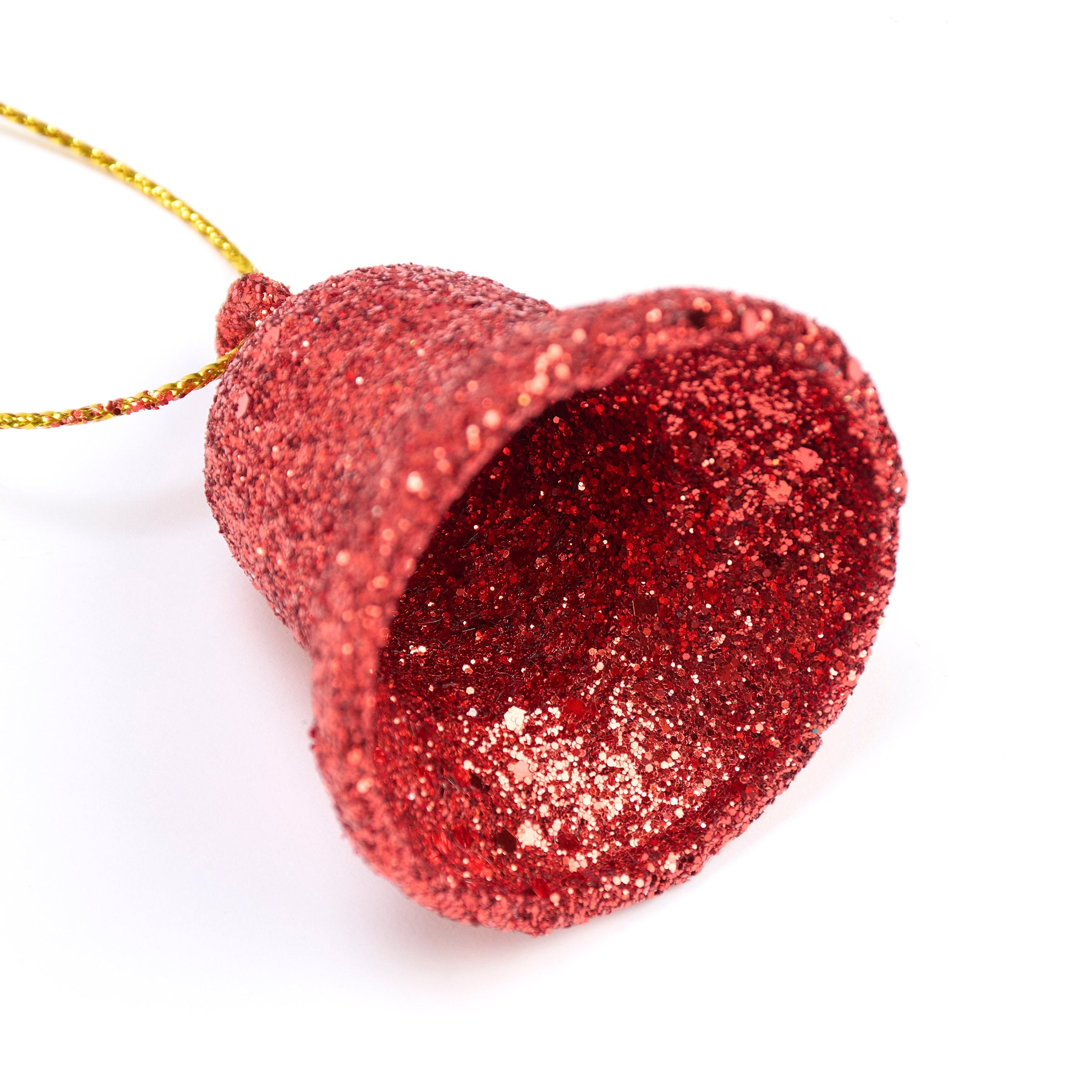 Festive Red Glitter Mini Bell Christmas Ornaments Set, 4-Pack, Retro Holiday Decor