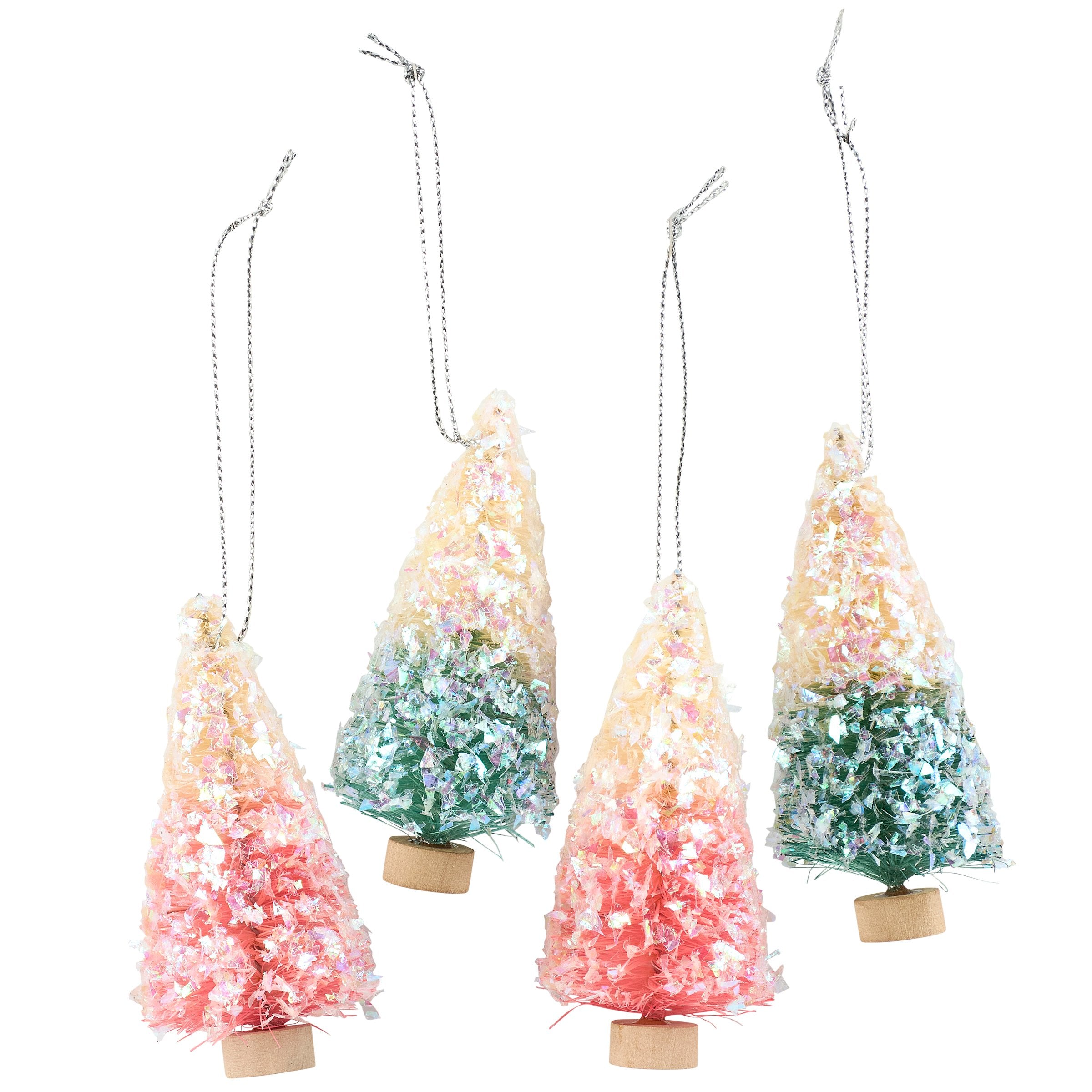 Charming Pastel Retro Bottle Brush Tree Set - Snowy Mica Details, Pack of 4