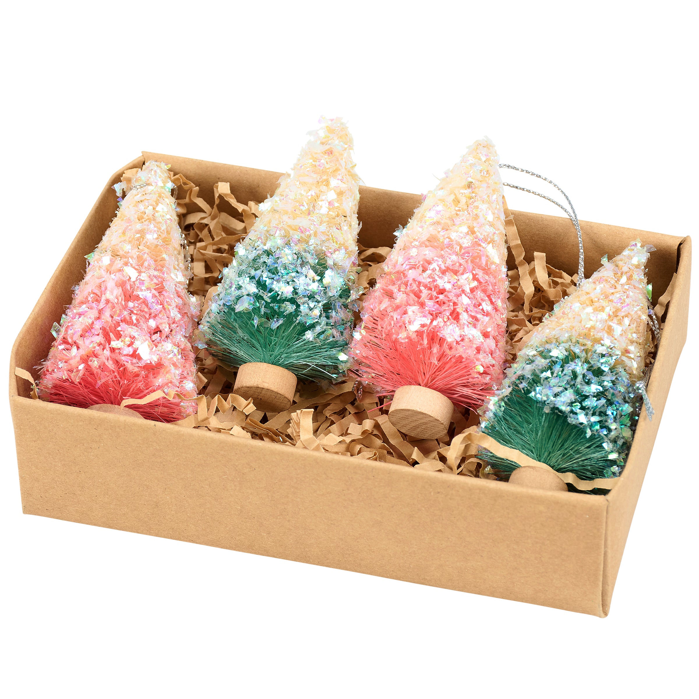 Charming Pastel Retro Bottle Brush Tree Set - Snowy Mica Details, Pack of 4