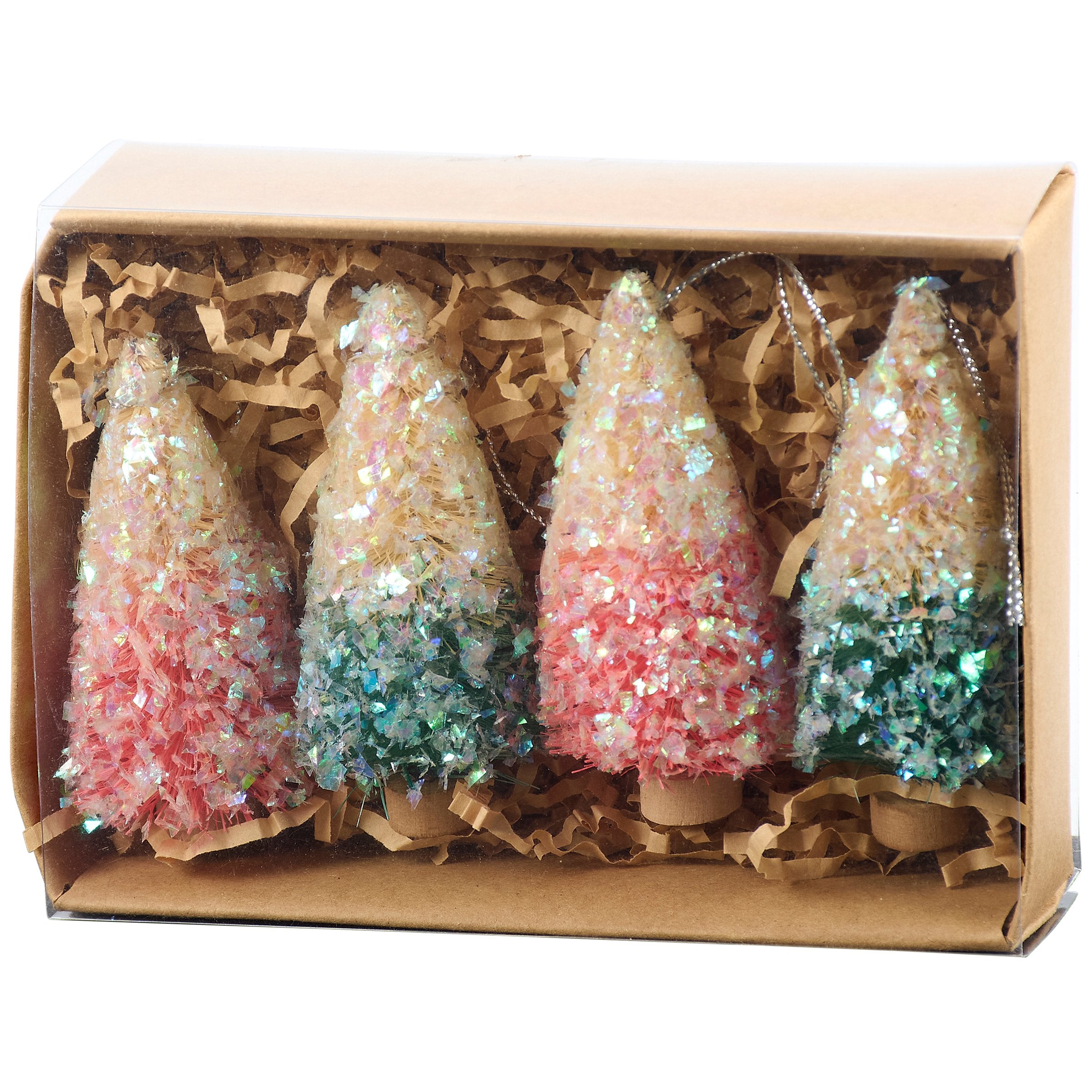 Charming Pastel Retro Bottle Brush Tree Set - Snowy Mica Details, Pack of 4