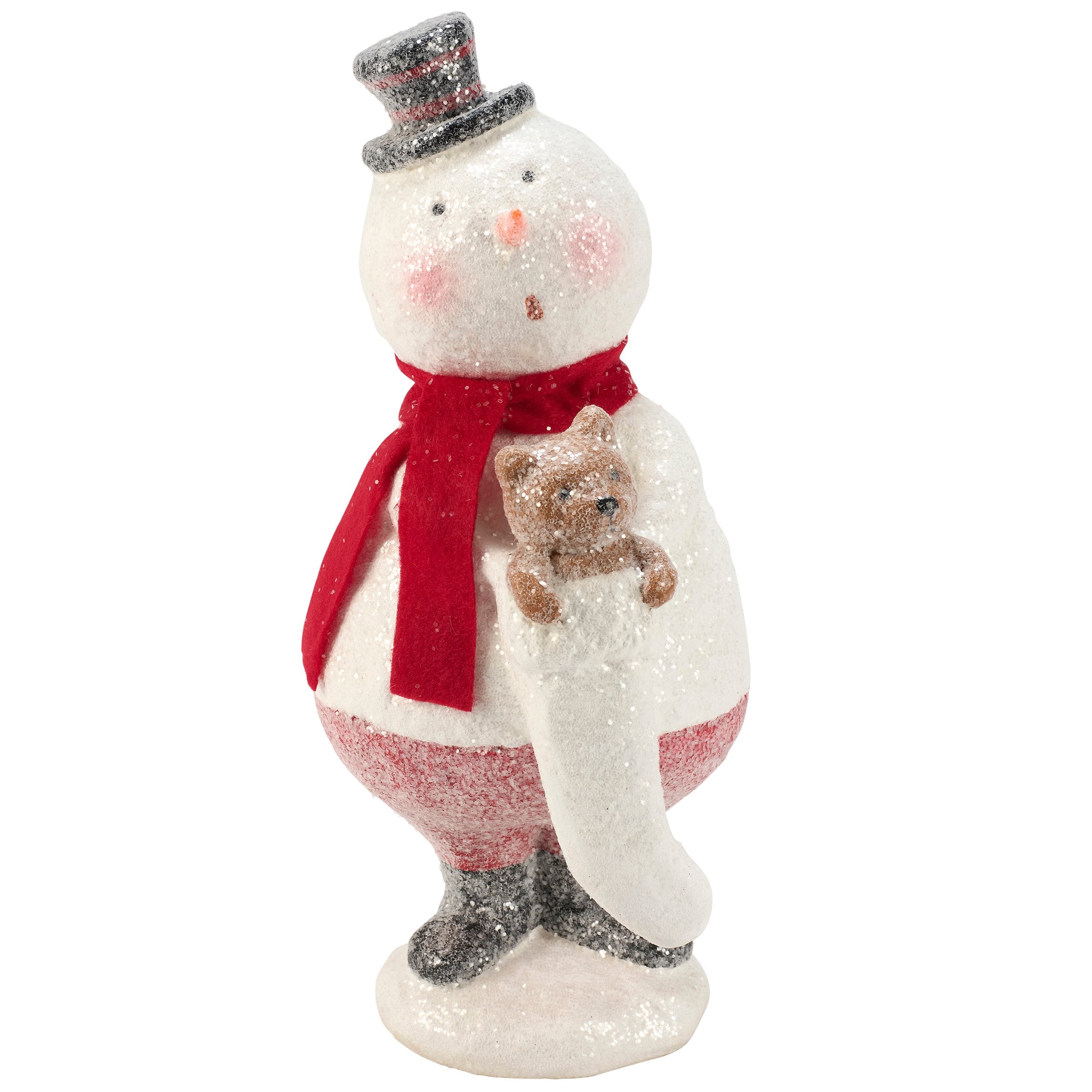 Charming Retro Snowman Figurine with Teddy, Snowy Mica Finish