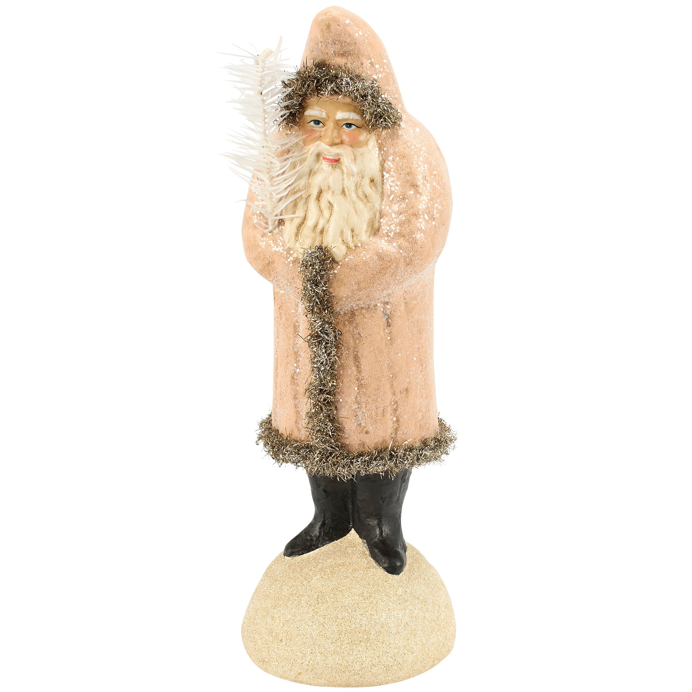 Charming Pastel Retro Santa Figurine with Glitter & Tinsel Trim Holiday Accent