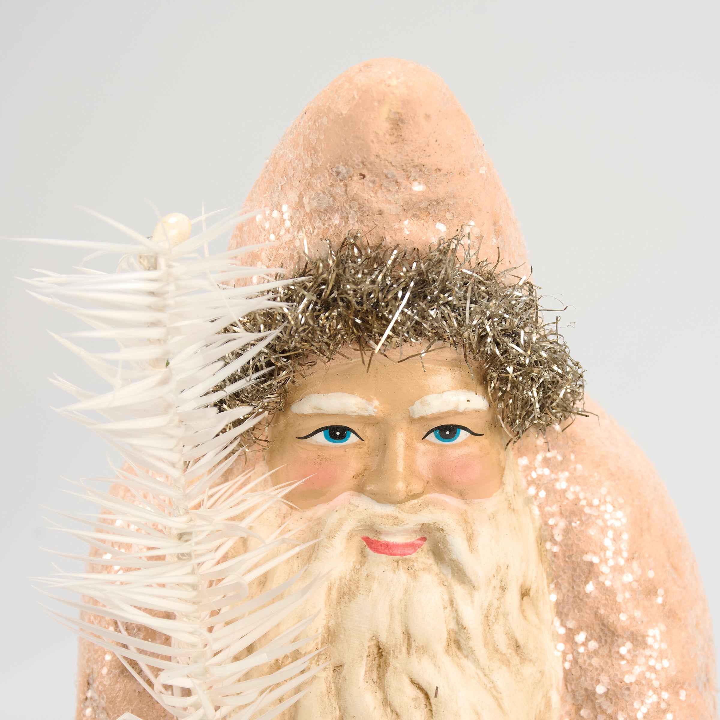 Charming Pastel Retro Santa Figurine with Glitter & Tinsel Trim Holiday Accent