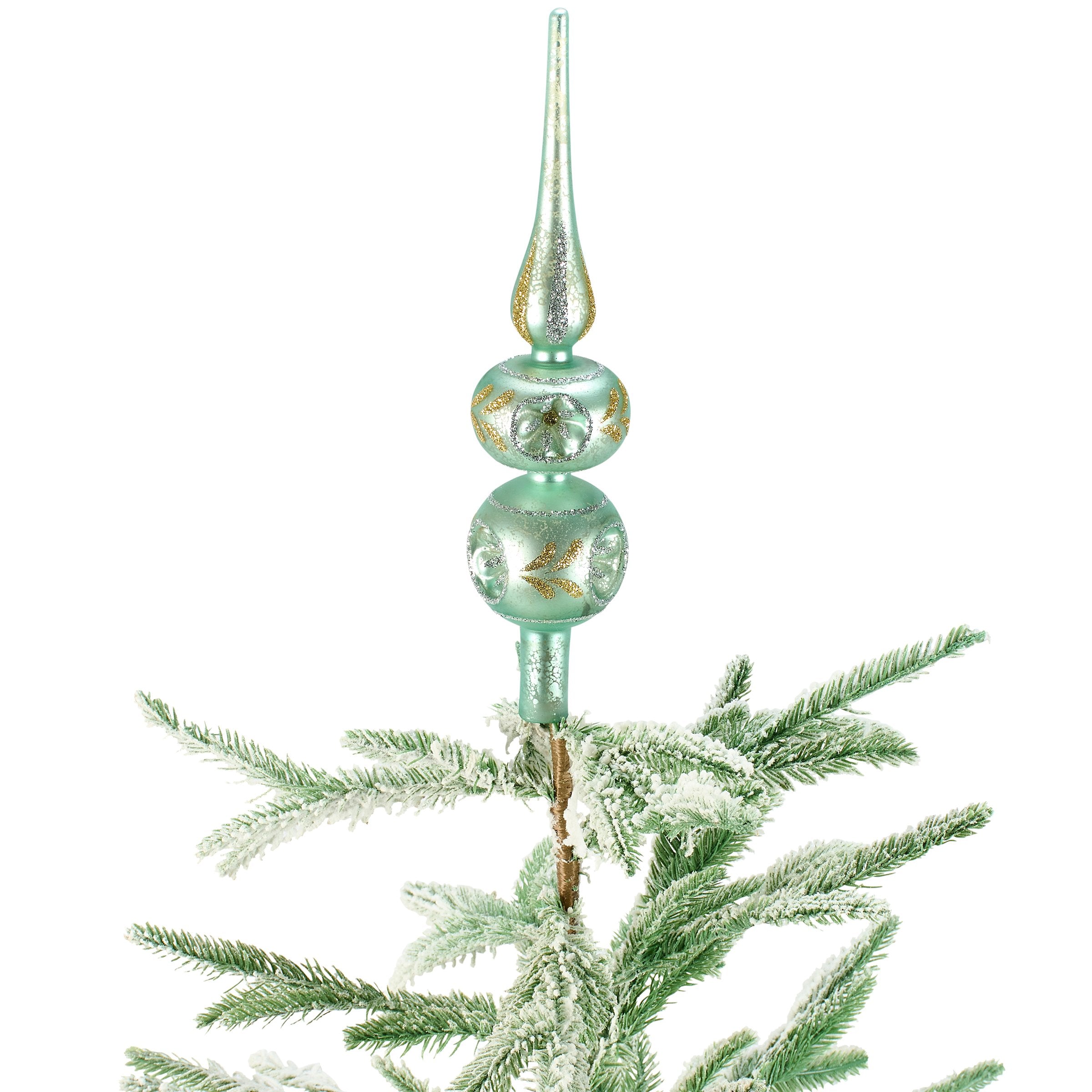 Sparkling Retro Blue Glass Christmas Tree Topper with Glitter Accents