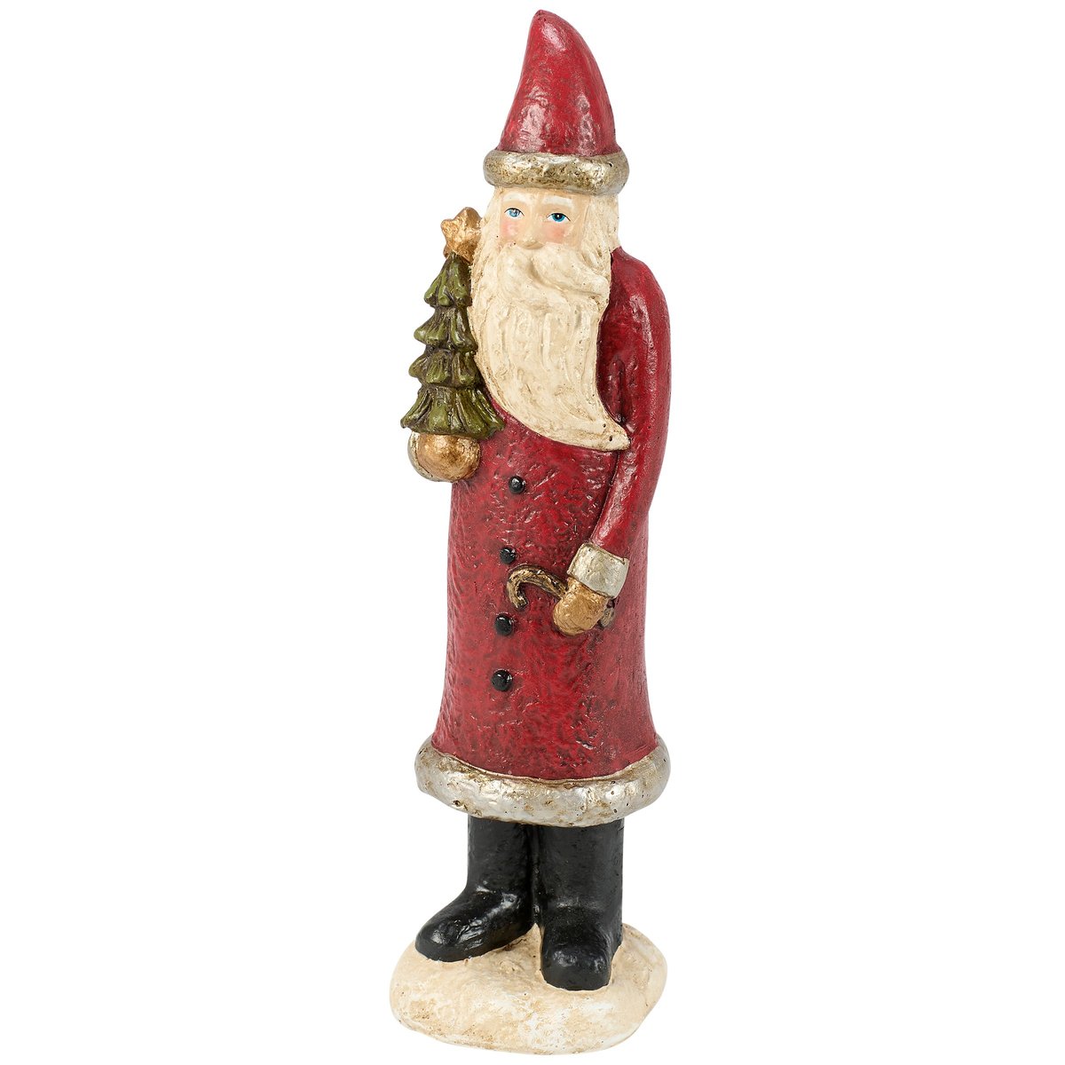 Charming Primitive Standing Santa Figurine with Tree & Candy Cane, Metallic Accents