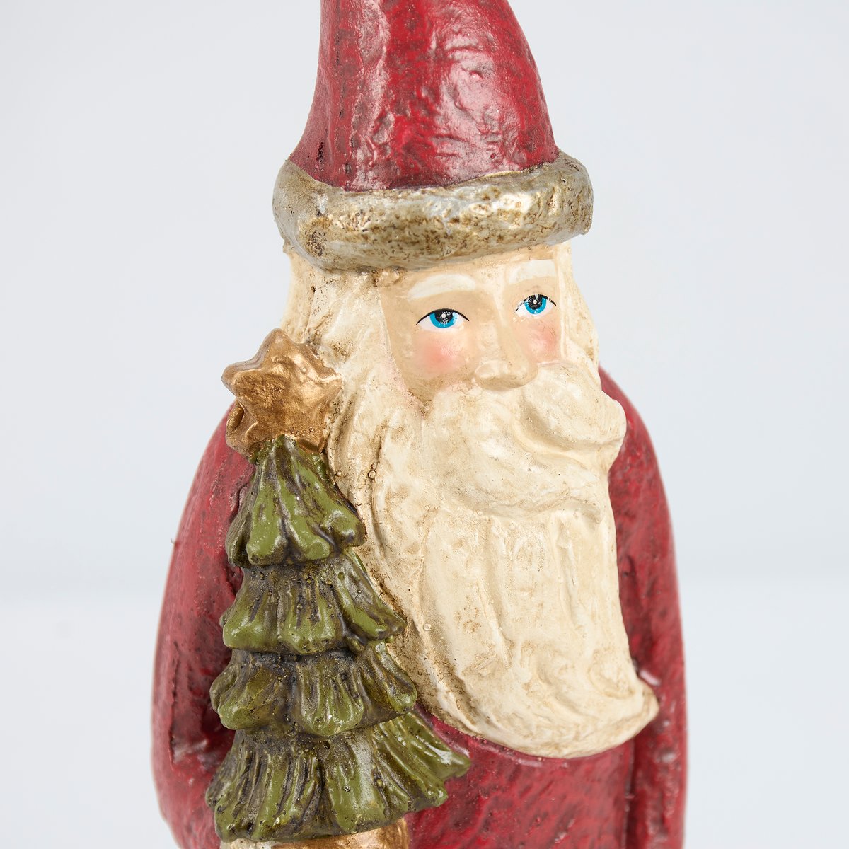 Charming Primitive Standing Santa Figurine with Tree & Candy Cane, Metallic Accents