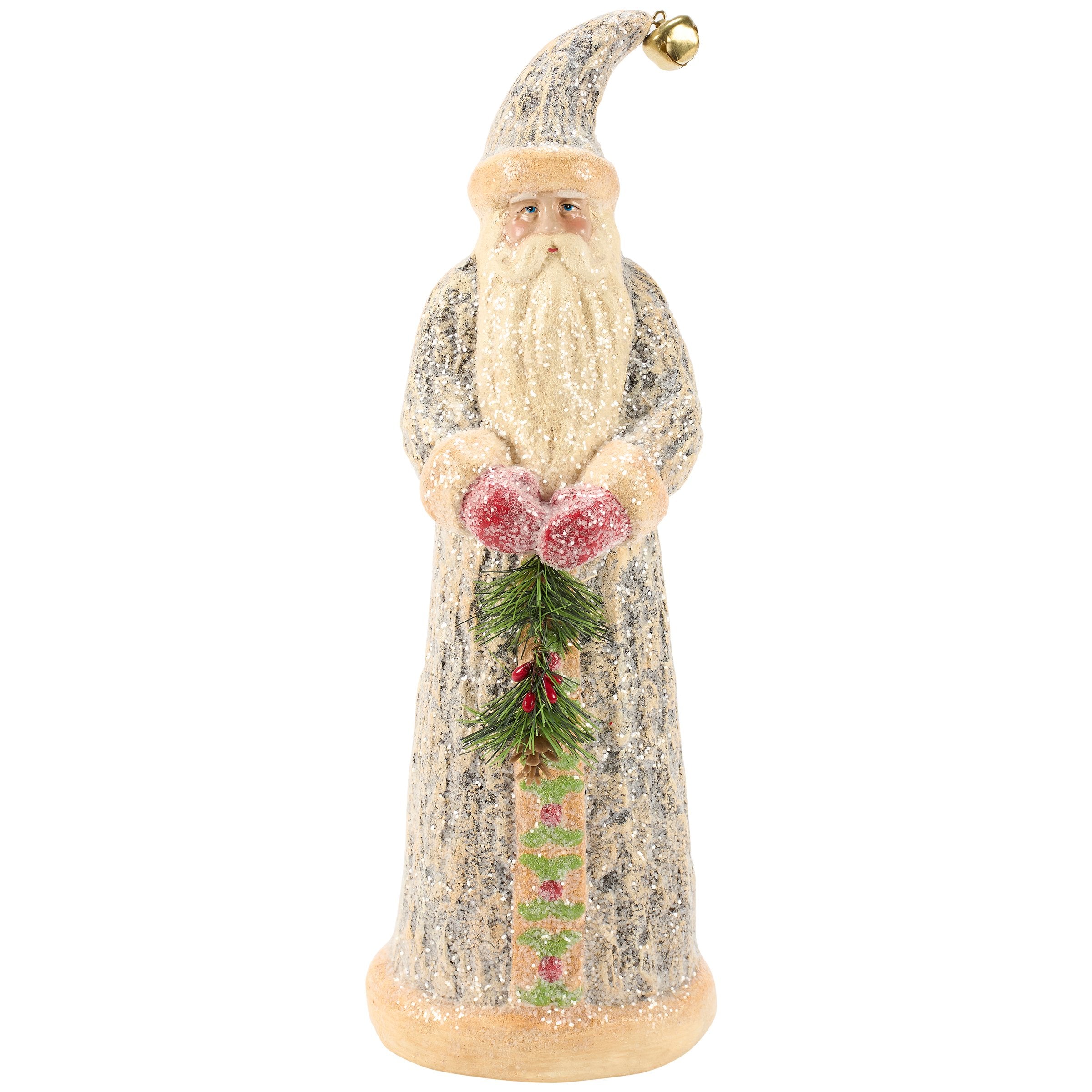 Rustic Cabin Santa Figurine with Snowy Mica Finish, Pinecones, Holly & Bell