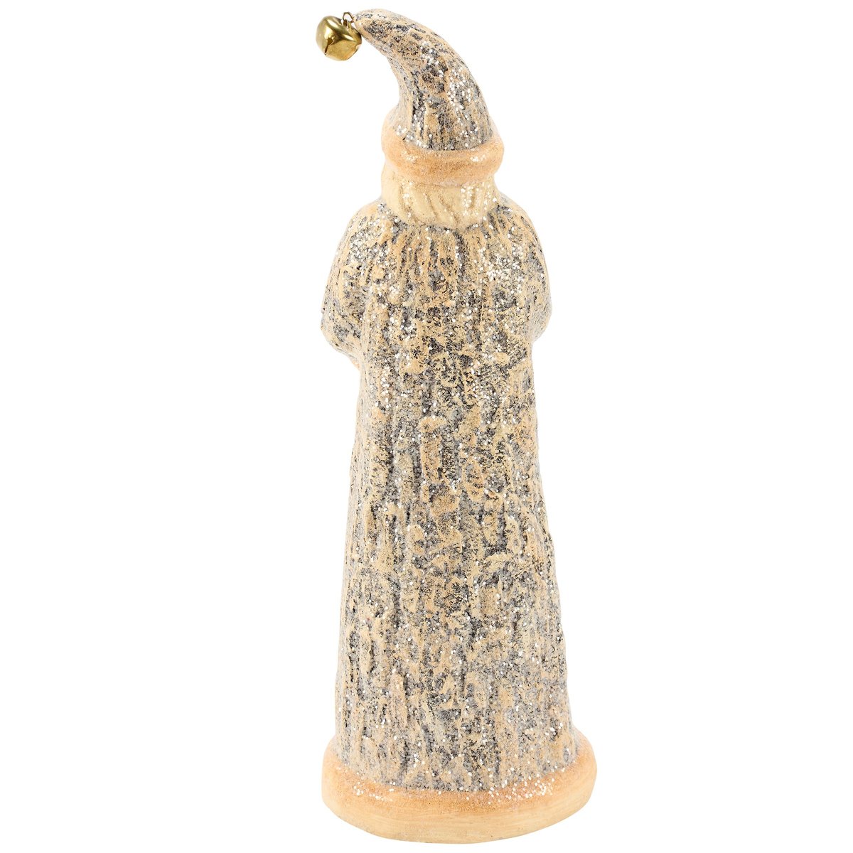 Rustic Cabin Santa Figurine with Snowy Mica Finish, Pinecones, Holly & Bell